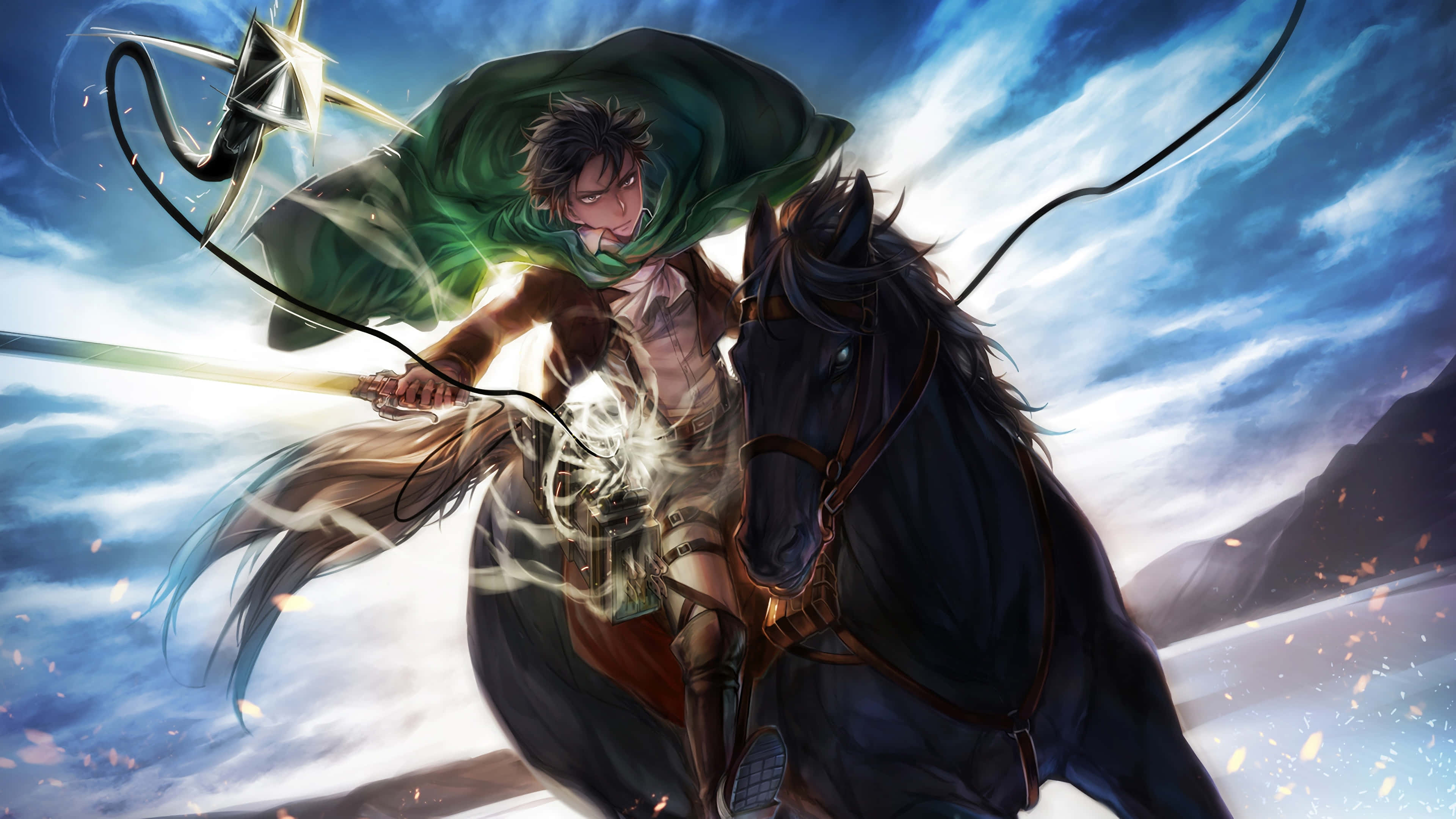 Great Titan War 桌布 壁紙 — 一個堅定的動漫戰士騎著一匹黑馬，在暴風雨的天空下揮舞著發光的劍，帶有動態的動作線條。