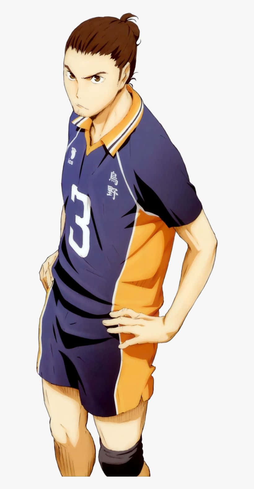 Asahi Azumane 桌布 壁紙 — 一個堅定的動漫排球運動員，身穿藍色和橙色制服，背號3，雙手叉腰自信地站立。