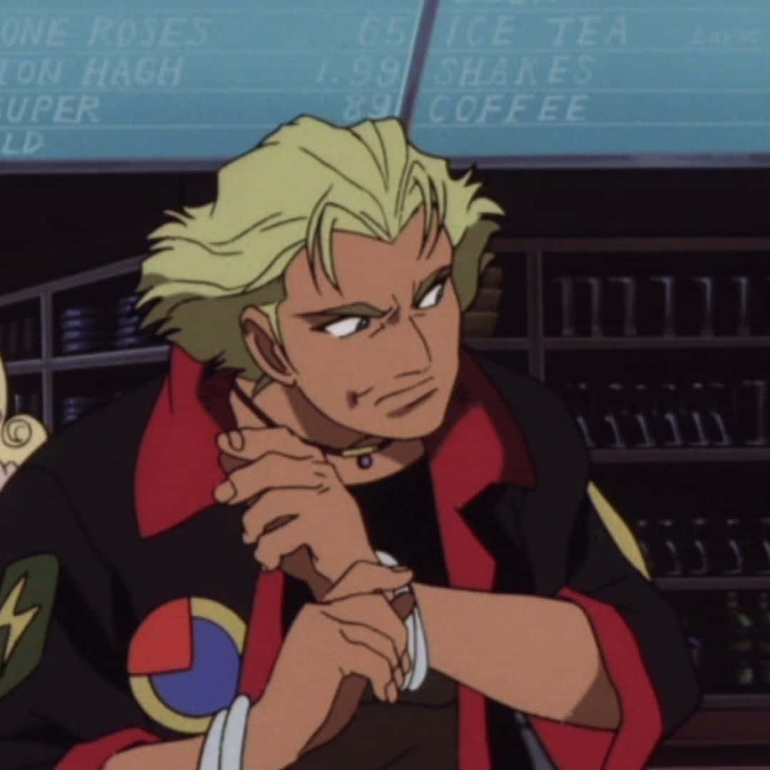 Cowboy Bebop Vt 桌布 壁紙 — 一個堅定的動漫男子，有著尖刺金髮，在昏暗的酒吧裡查看手錶，身後有菜單板。