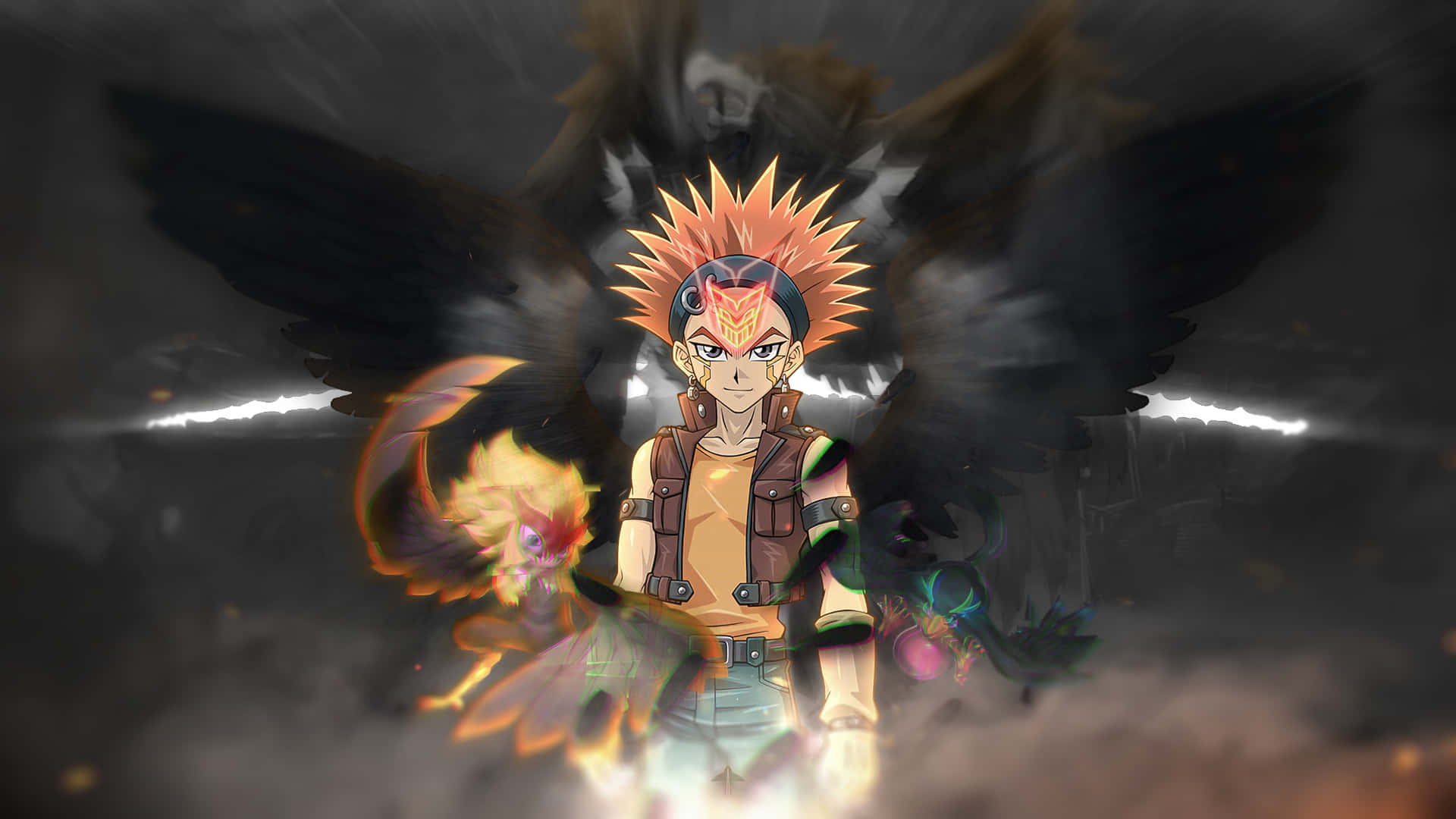 Crow Hogan 桌布 壁紙 — 一個堅定的動漫男孩，擁有尖刺的橙色頭髮和發光的翅膀，站在旋轉的烏雲和熾熱的能量之中。