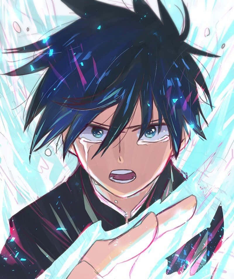 Ritsu Kageyama 桌布 壁紙 — 一個堅定的動漫男孩，擁有尖刺的藍色頭髮和發光的眼睛，在青色和洋紅色的能量爆發中緊握著一把發光的劍。