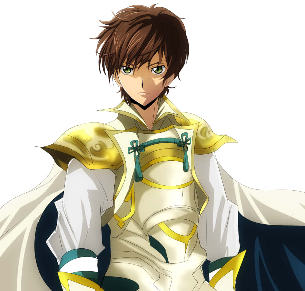 Suzaku Kururugi 桌布 壁紙 — 一個堅定的動漫男孩，棕色頭髮，綠色眼睛，穿著華麗的白金色和青綠色盔甲，背景是純白色。