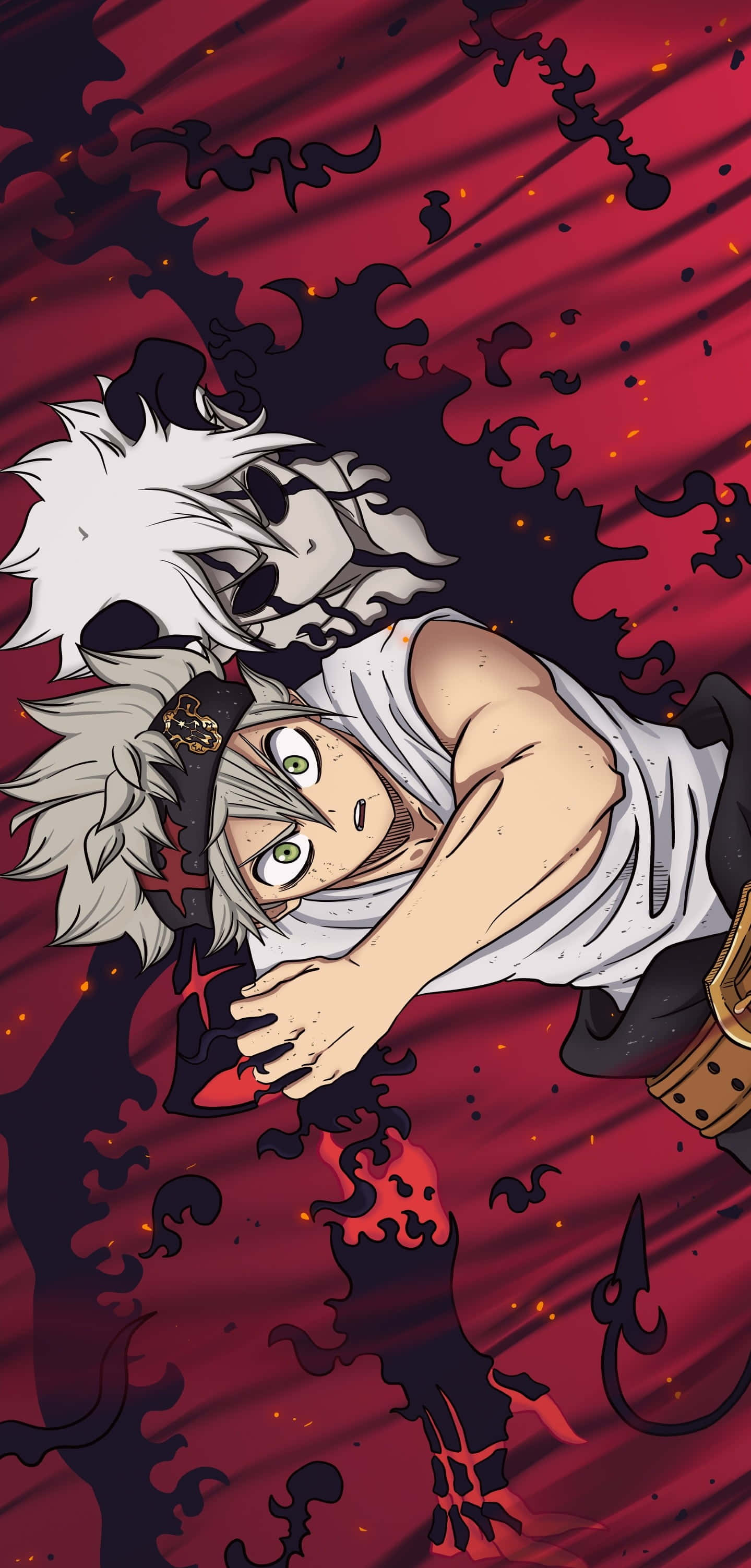 Black Clover Anime 桌布 壁紙 — 一個堅定的動漫男孩，白髮綠眼，緊握著一個紅色物體，在深紅色的背景下，黑暗旋轉的火焰吞噬了他。