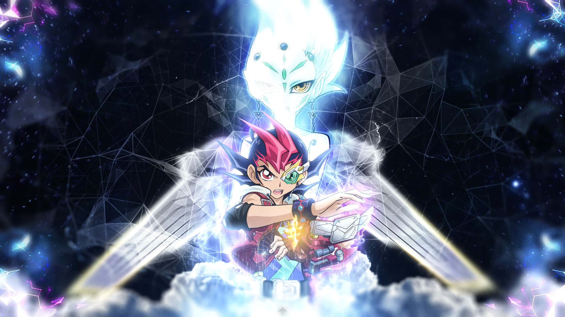 Yu-gi-oh Astral 桌布 壁紙 — 一個堅定的動漫男孩，紅髮綠眼，手持發光卡片裝置，身後漂浮著一個幽靈般的白色身影，背景是帶有幾何光圖案的宇宙星域。