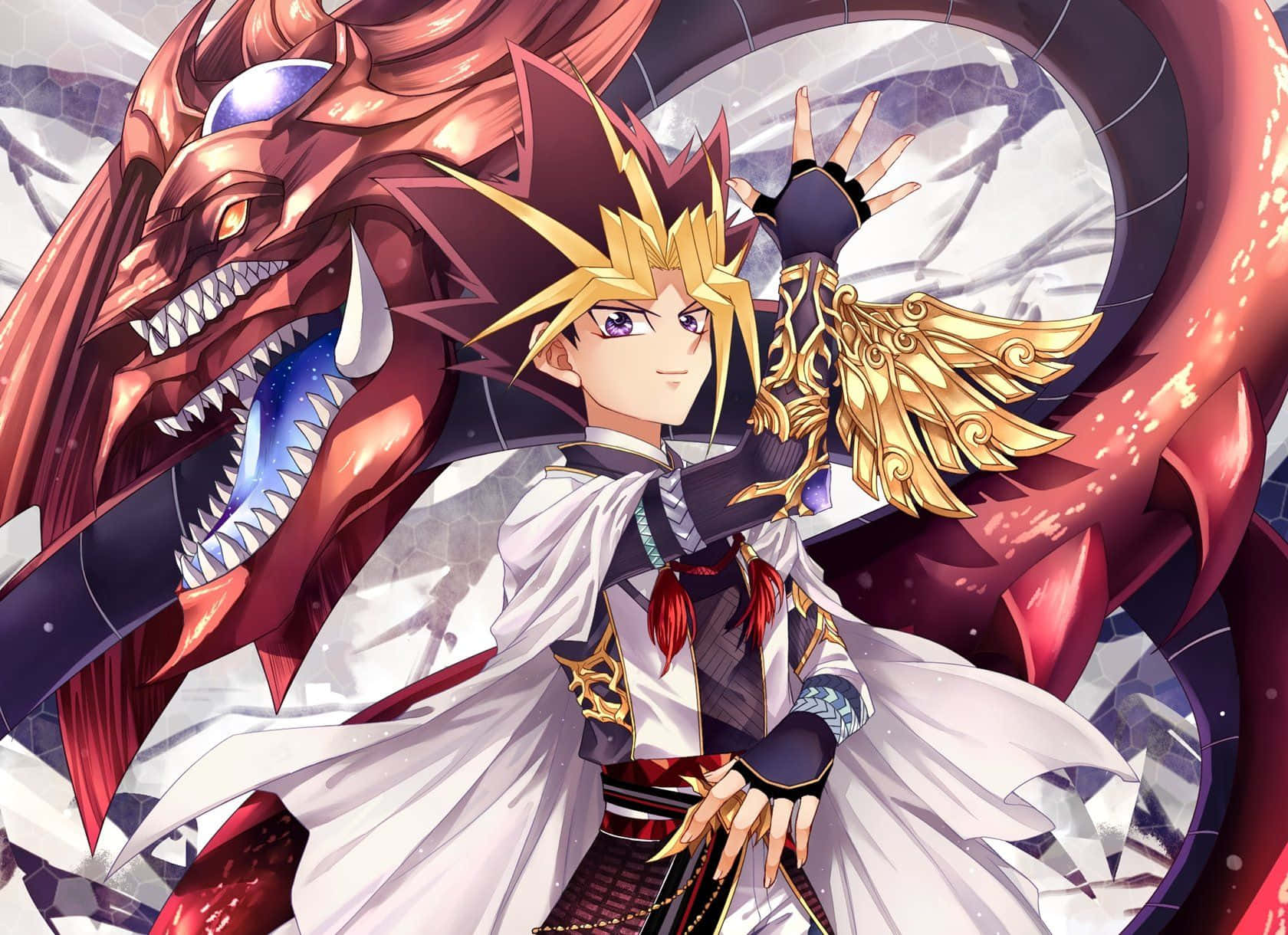 Yugi Muto 桌布 壁紙 — 一個堅定的動漫男孩，金色尖刺頭髮，手持金色劍，站在一隻巨大紅龍旁邊，紅龍眼睛發光。