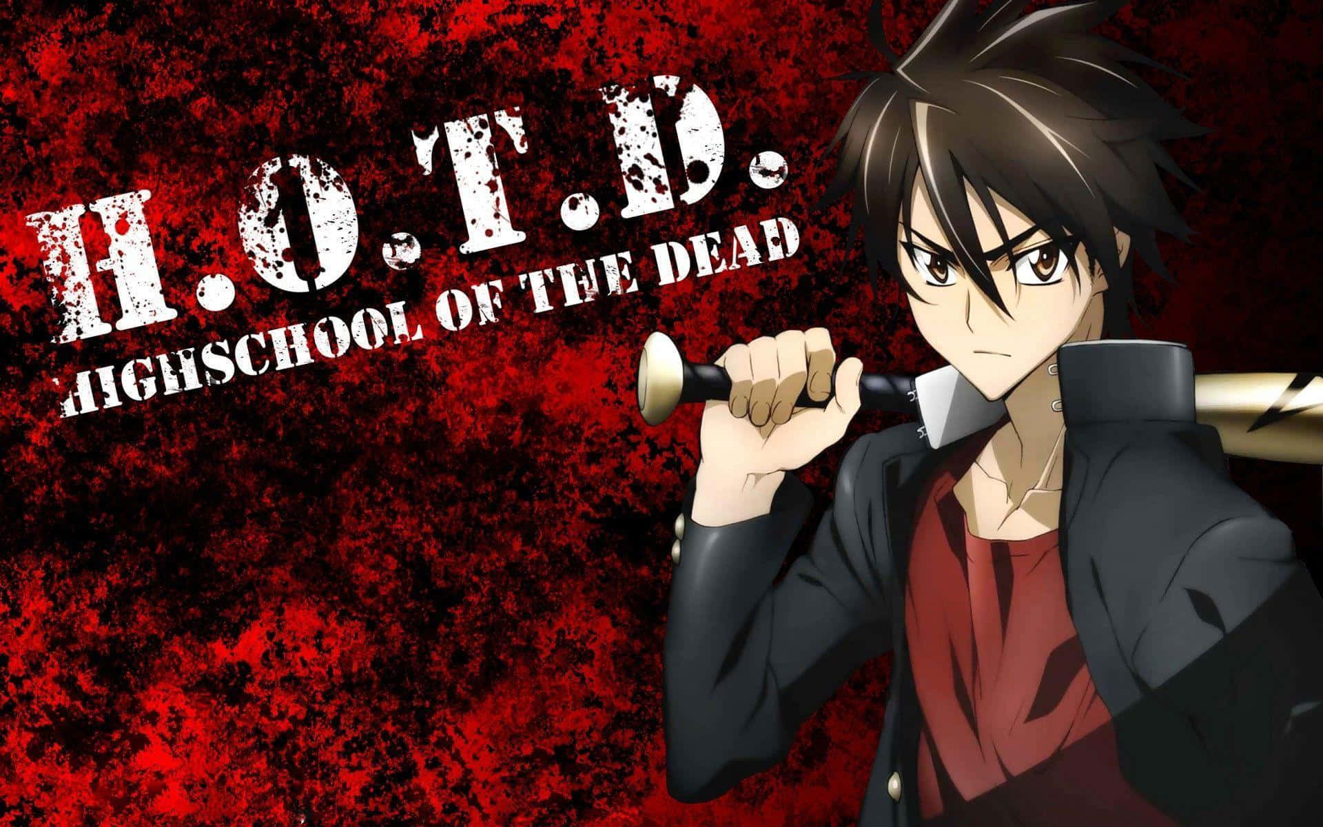 Highschool Of The Dead 桌布 壁紙 — 一個堅定的動漫男孩在濺滿紅色的背景上握著棒球棍，並帶有 'H.O.T.D. Highschool of the Dead' 文字。