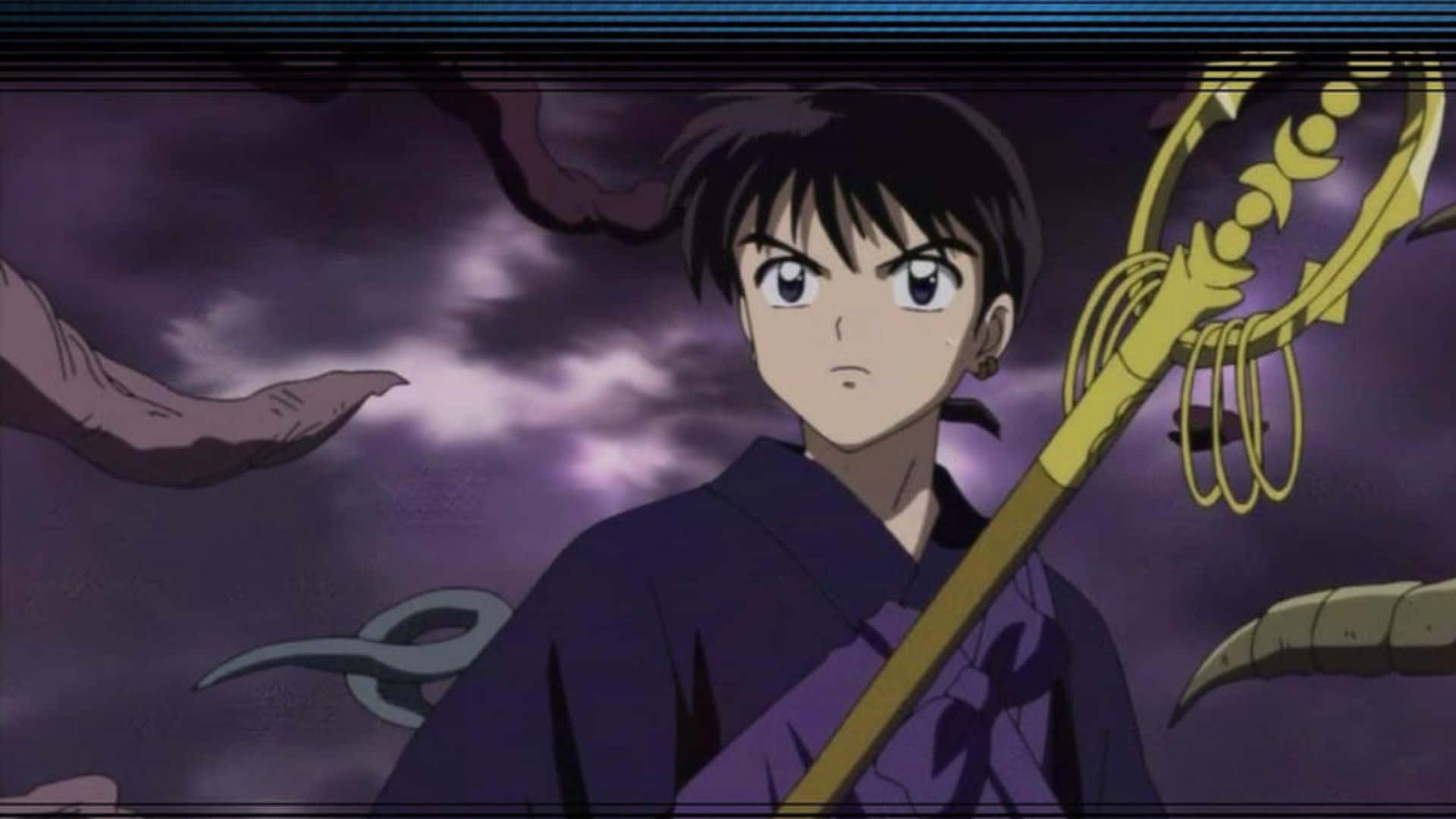 Miroku 桌布 壁紙 — 一個堅定的動漫男孩穿著紫色和服，手持金色法杖，背景是暴風雨般的紫色天空，漂浮著惡魔般的肢體。