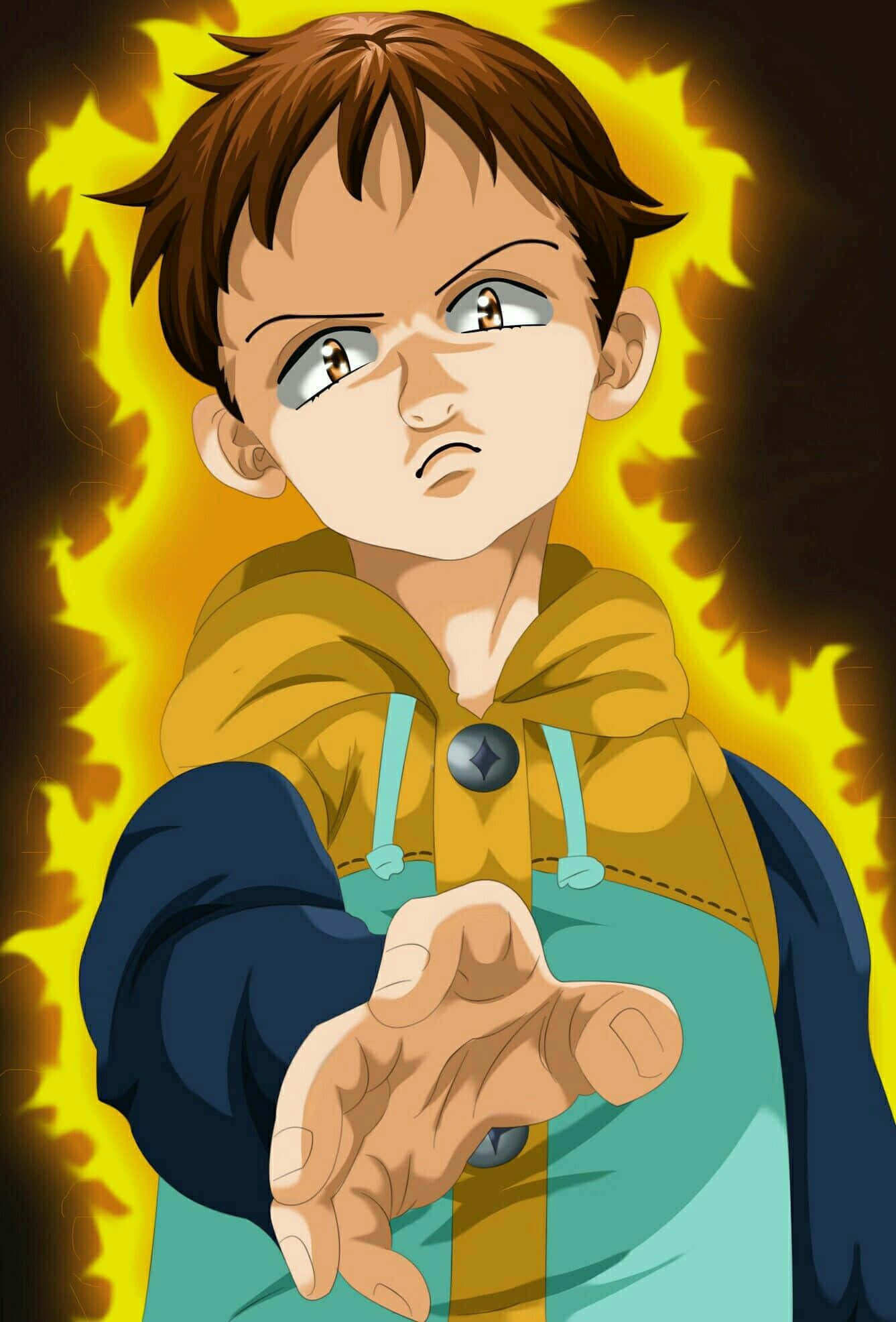 Seven Deadly Sins King 桌布 壁紙 — 一個堅定的動漫男孩穿著黃色連帽衫，以強烈的目光和伸出的手引導熾熱的能量。