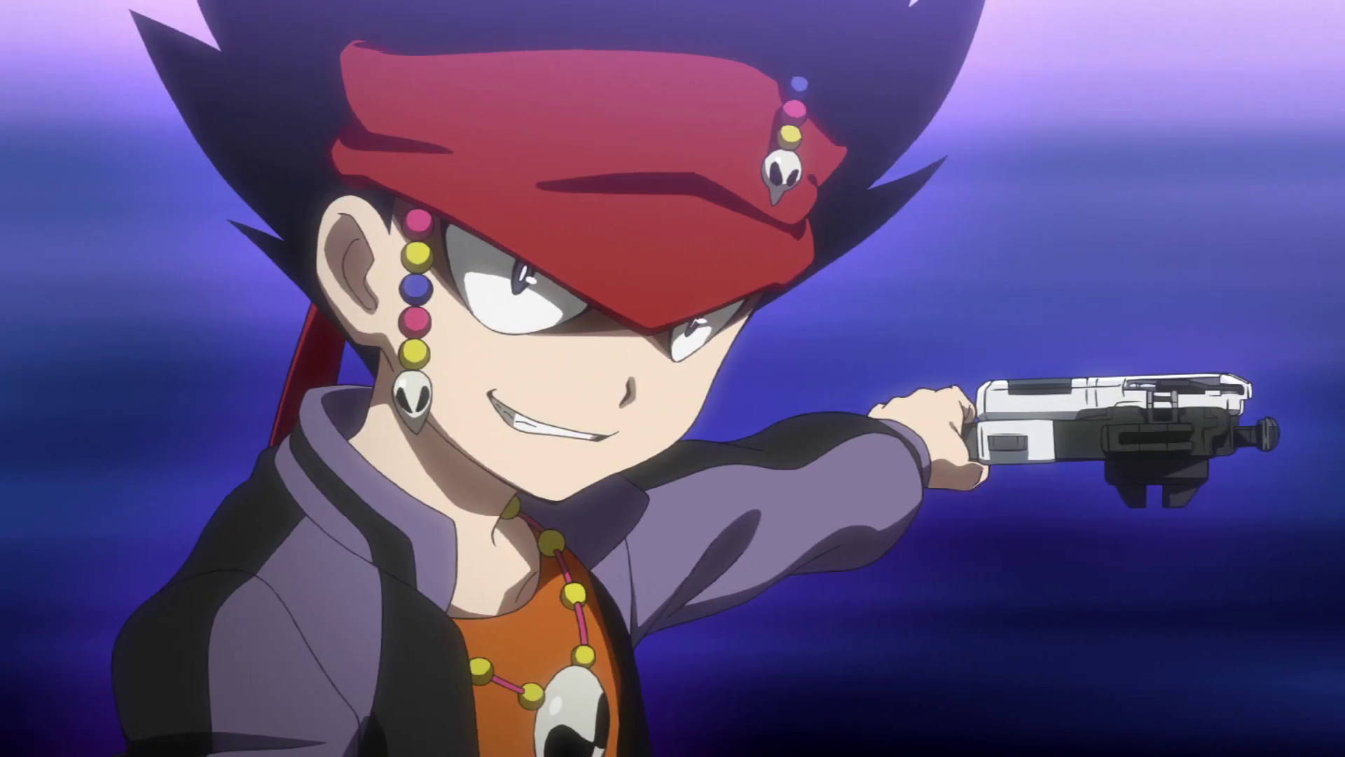 Beyblade 桌布 壁紙 — 一個堅定的動漫角色，戴著紅色頭巾和骷髏耳環，對著紫色漸變背景瞄準一把未來風格的槍。