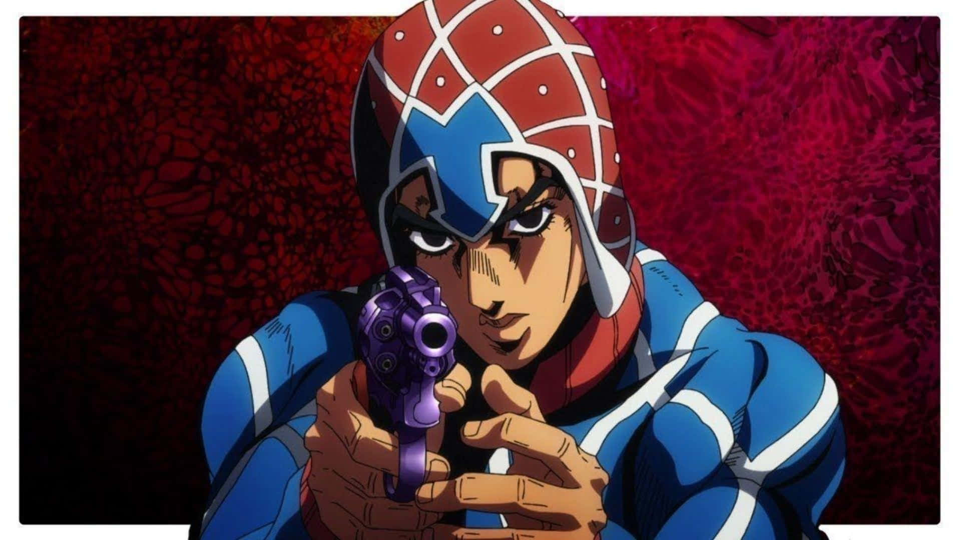 Guido Mista 桌布 壁紙 — 一個堅定的動漫角色，戴著藍色和紅色的頭盔，瞄準一把紫色手槍，背景是破裂的紅色。