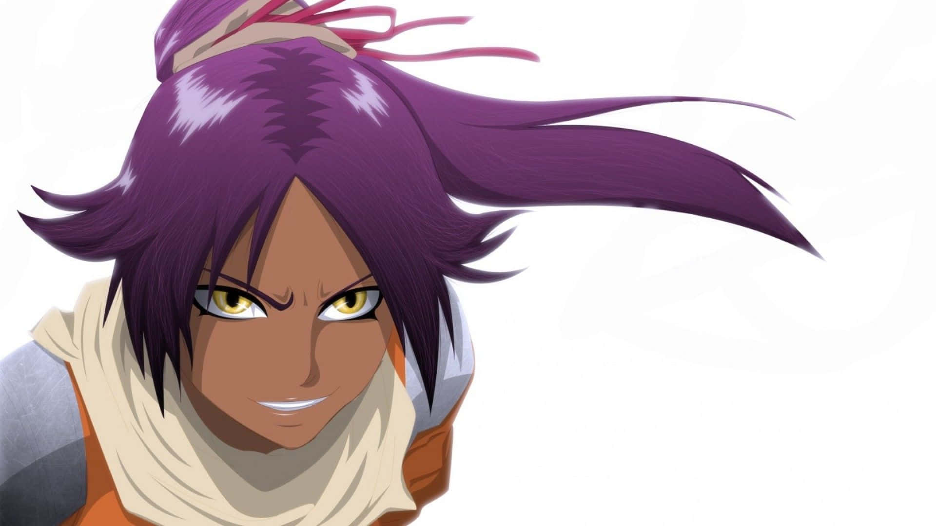 Yoruichi Shihoin 桌布 壁紙 — 一個堅定的動漫角色，擁有充滿活力的紫色頭髮和銳利的黃色眼睛，在純白色背景上強烈凝視。