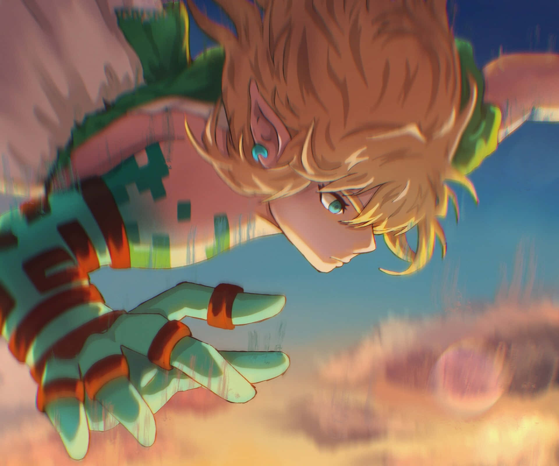 The Legend Of Zelda Tears Of The Kingdom 桌布 壁紙 — 一個堅定的動漫角色，擁有尖刺的棕色頭髮和藍綠色眼睛，帶著動態模糊穿過充滿活力的日落天空。