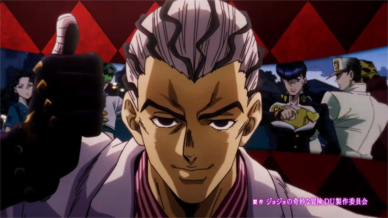Kosaku Kawajiri 桌布 壁紙 — 一個堅定的動漫角色，擁有尖刺的灰色頭髮，在紅色菱形圖案背景前豎起大拇指。