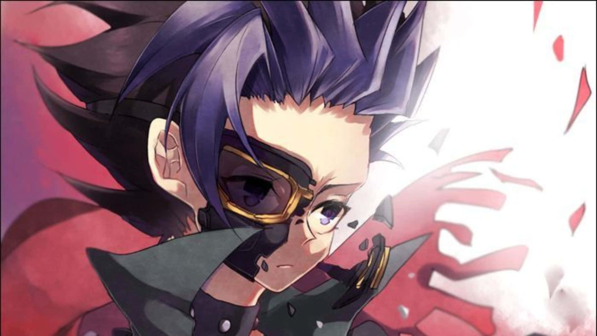 Yu-gi-oh Yuto 桌布 壁紙 — 一個堅定的動漫角色，擁有尖刺的紫色頭髮和護目鏡，在動態的紅白背景下凝視著。