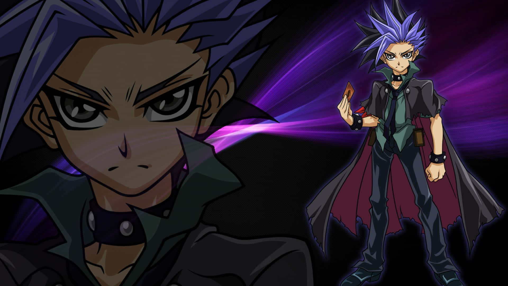 Yu-gi-oh Yuto 桌布 壁紙 — 一個堅定的動漫角色，擁有尖刺的紫色頭髮，在深紫色發光背景前揮舞著一張發光的卡片。