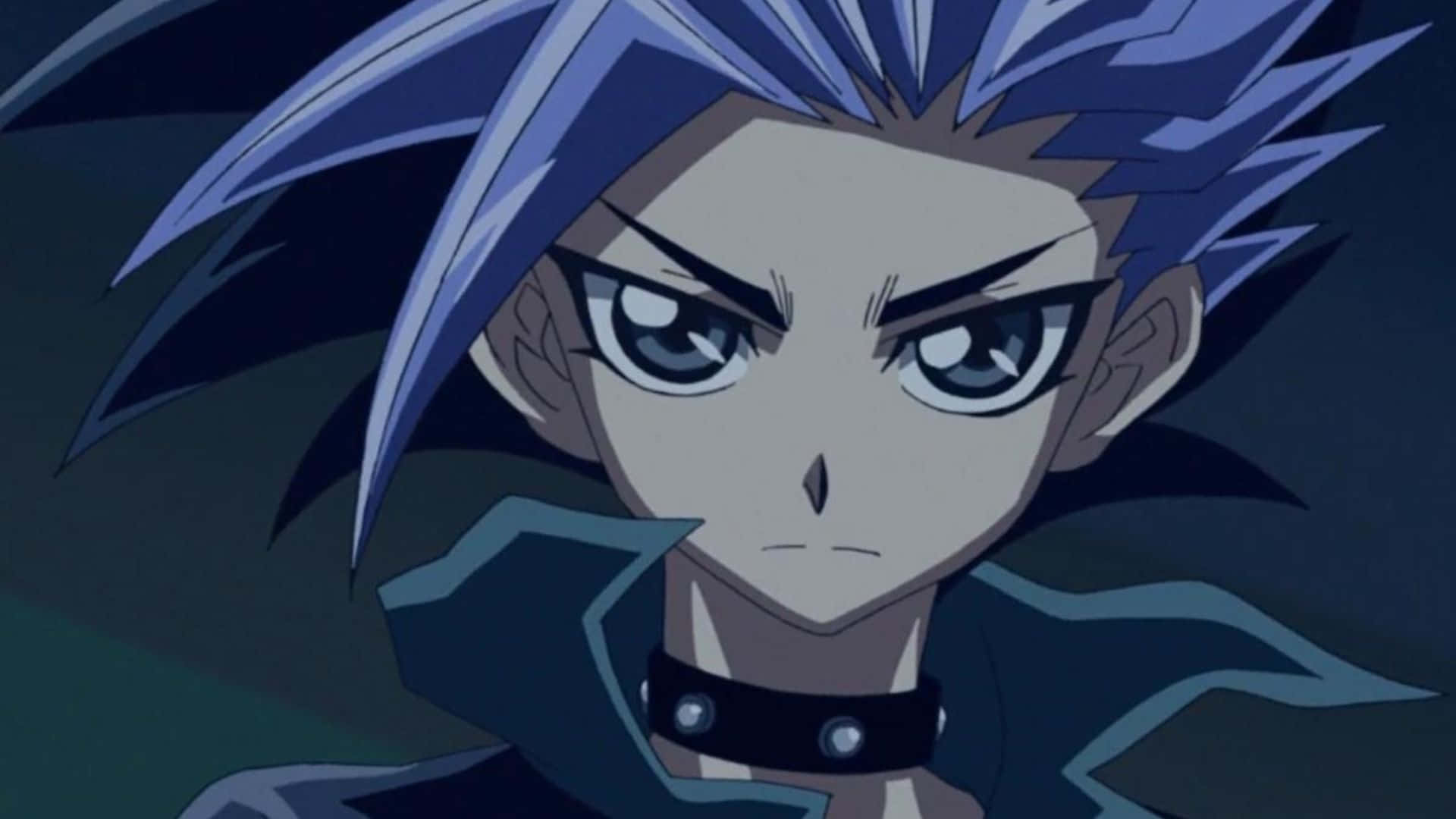 Yu-gi-oh Yuto 桌布 壁紙 — 一個堅定的動漫角色，擁有尖刺的藍色頭髮和強烈的眼神，在黑暗的環境中向前凝視。