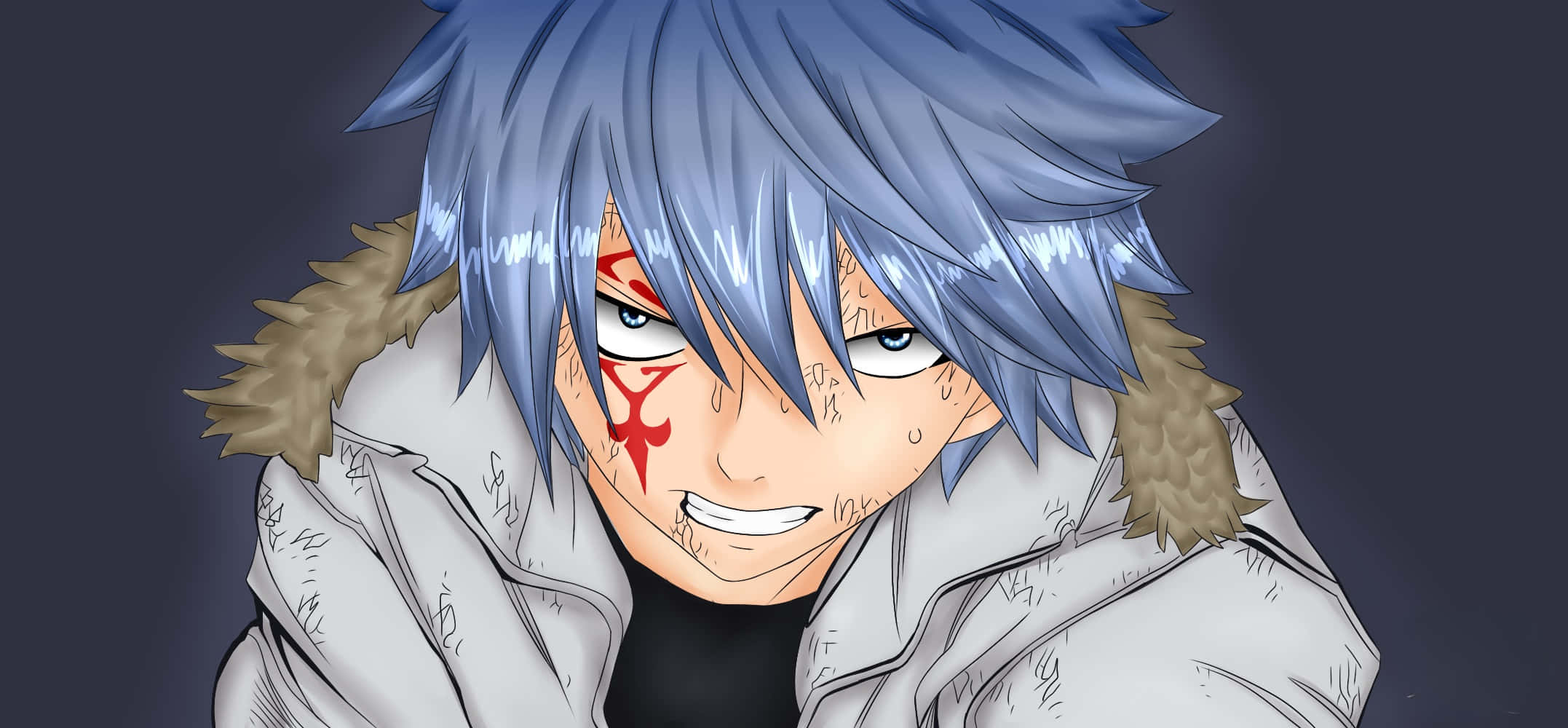 Jellal Fernandes 桌布 壁紙 — 一個堅定的動漫角色，擁有尖刺的藍色頭髮和臉上的紅色標記，穿著毛領外套，背景為深色。