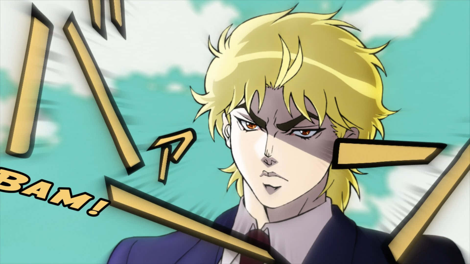 Dio Brando 桌布 壁紙 — 一個堅定的動漫角色，擁有尖刺金髮和強烈的紅眼睛，在青藍色的天空下擺出動態姿勢，帶有漫畫音效。