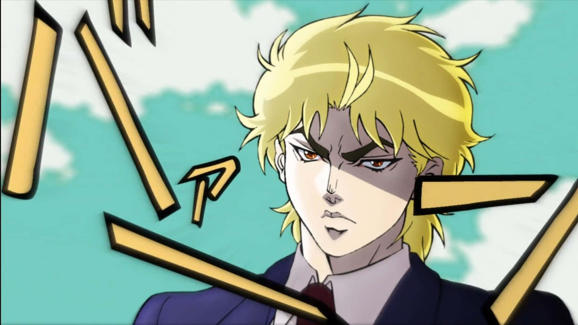 Phantom Blood 桌布 壁紙 — 一個堅定的動漫角色，擁有尖刺金髮和強烈的紅色眼睛，在帶有動態黃色音效的青色天空下向前凝視。