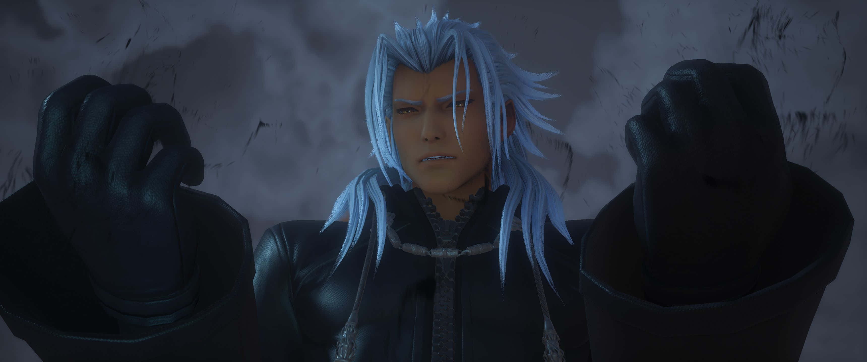 Kingdom Hearts Xemnas 桌布 壁紙 — 一個堅定的動漫角色，擁有銀色尖刺頭髮和黑色手套，在暴風雨的灰色背景下緊握拳頭。