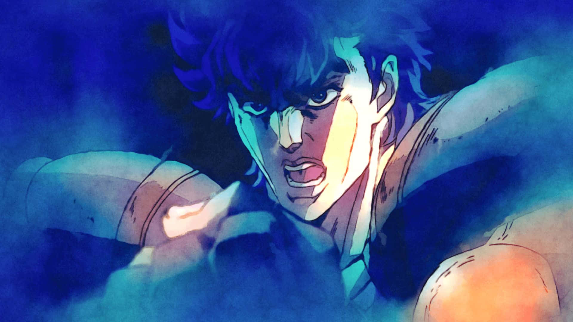Jonathan Joestar 桌布 壁紙 — 一個堅定的動漫角色，有著尖刺的藍色頭髮和發光的眼睛，在動態的藍色和橙色燈光中握緊拳頭。