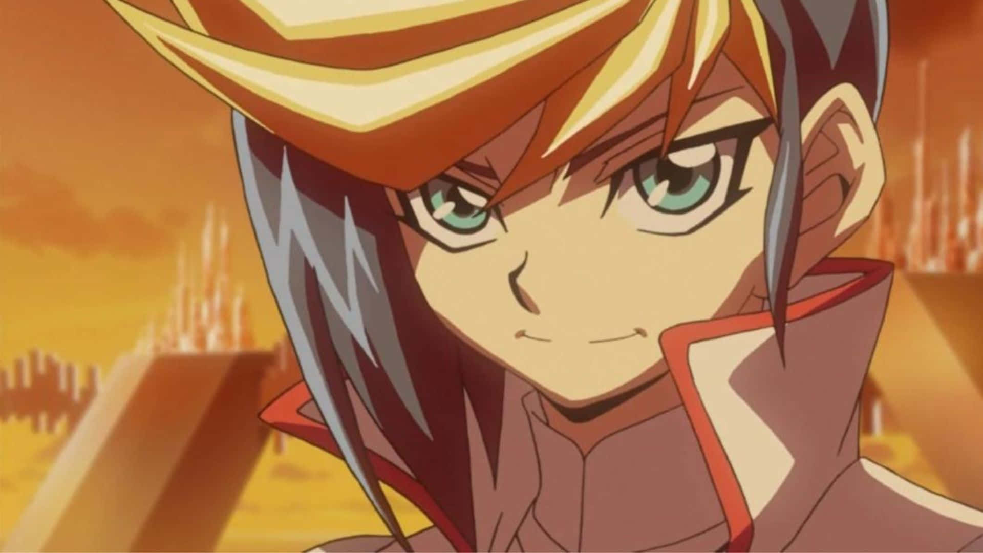 Yu-gi-oh Yugo 桌布 壁紙 — 一個堅定的動漫角色，有著尖刺金髮和綠色眼睛，在熾熱的橙色日落背景下強烈凝視。
