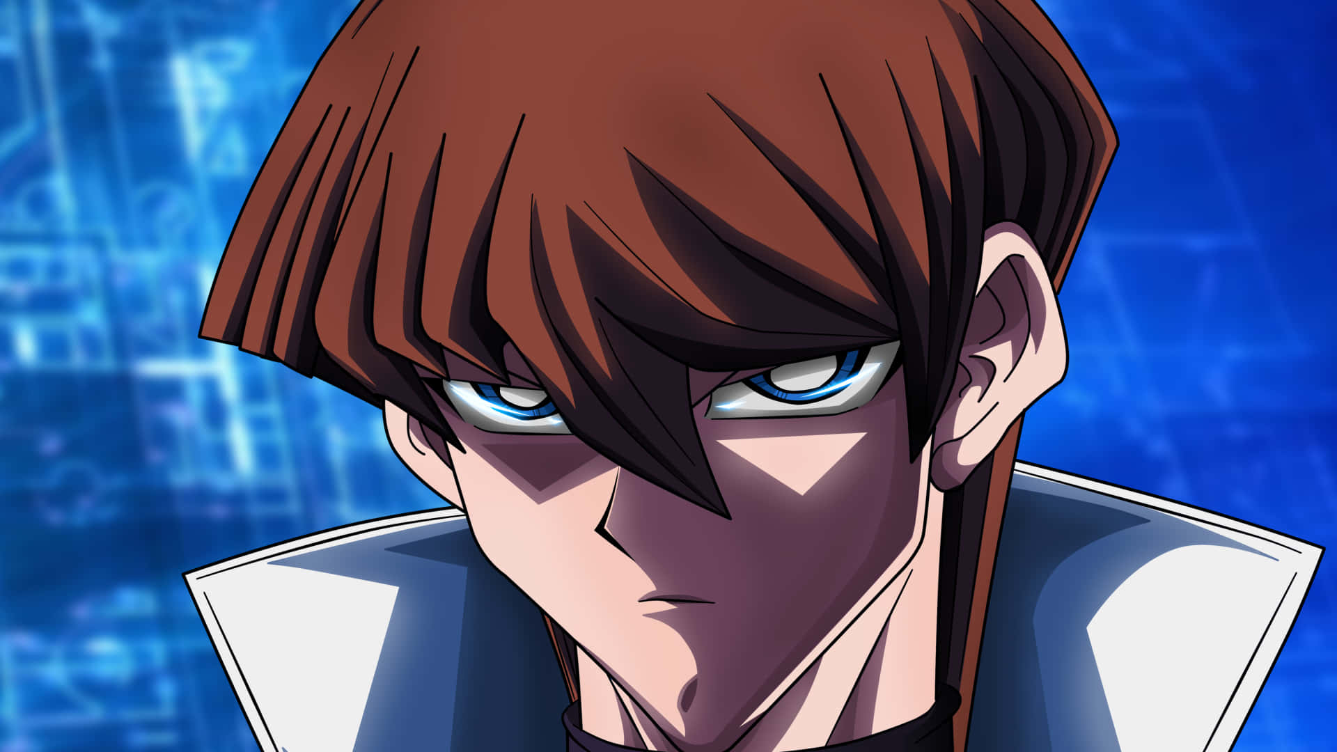 Seto Kaiba 桌布 壁紙 — 一個堅定的動漫角色，棕色頭髮和強烈的藍色眼睛，在發光的藍色數位背景前直視前方。