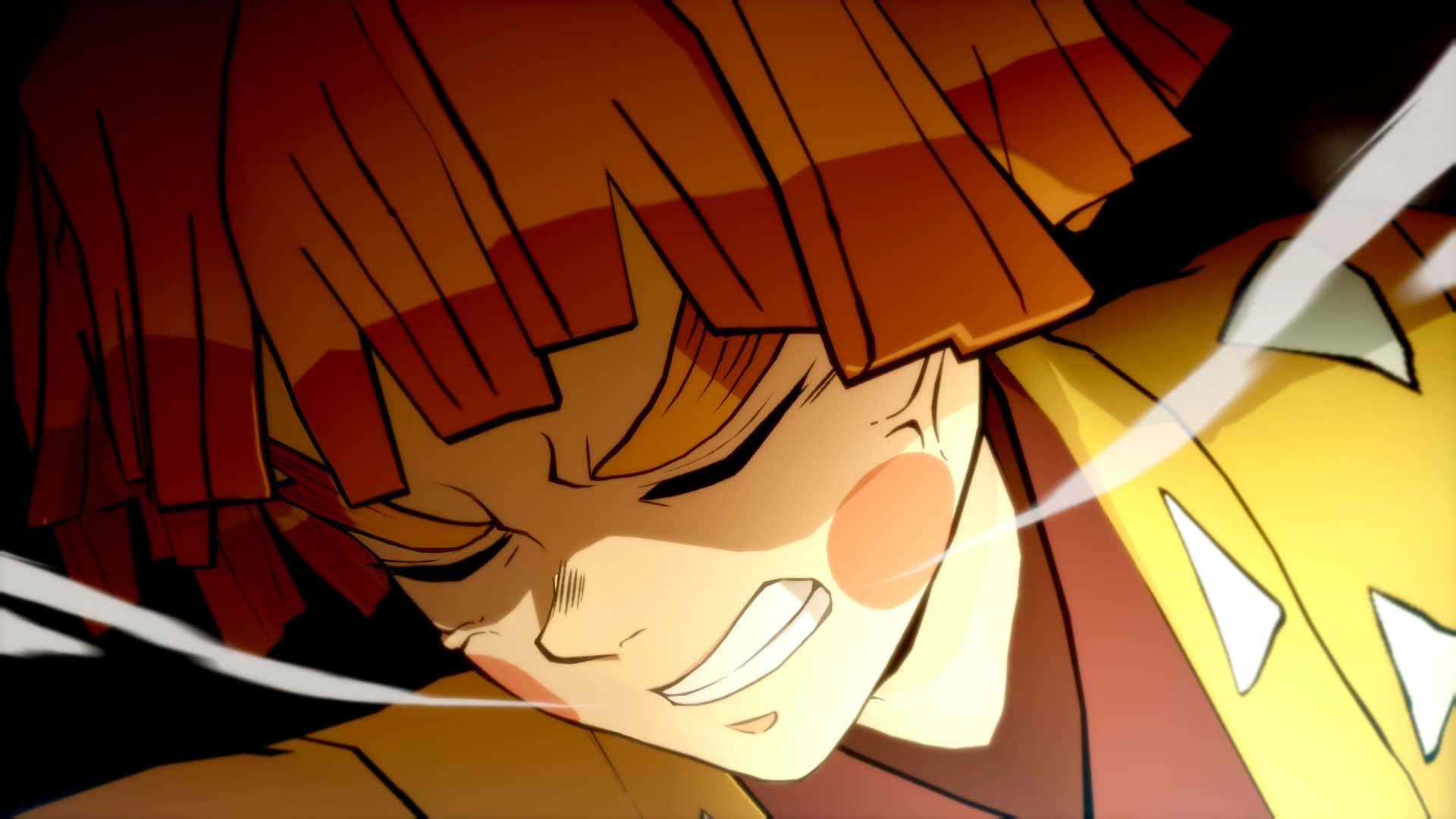 Demon Slayer Characters 桌布 壁紙 — 一個堅定的動漫角色，橙色頭髮，在動態特寫中咬緊牙關，在黑暗背景下散發著強烈的能量光芒。