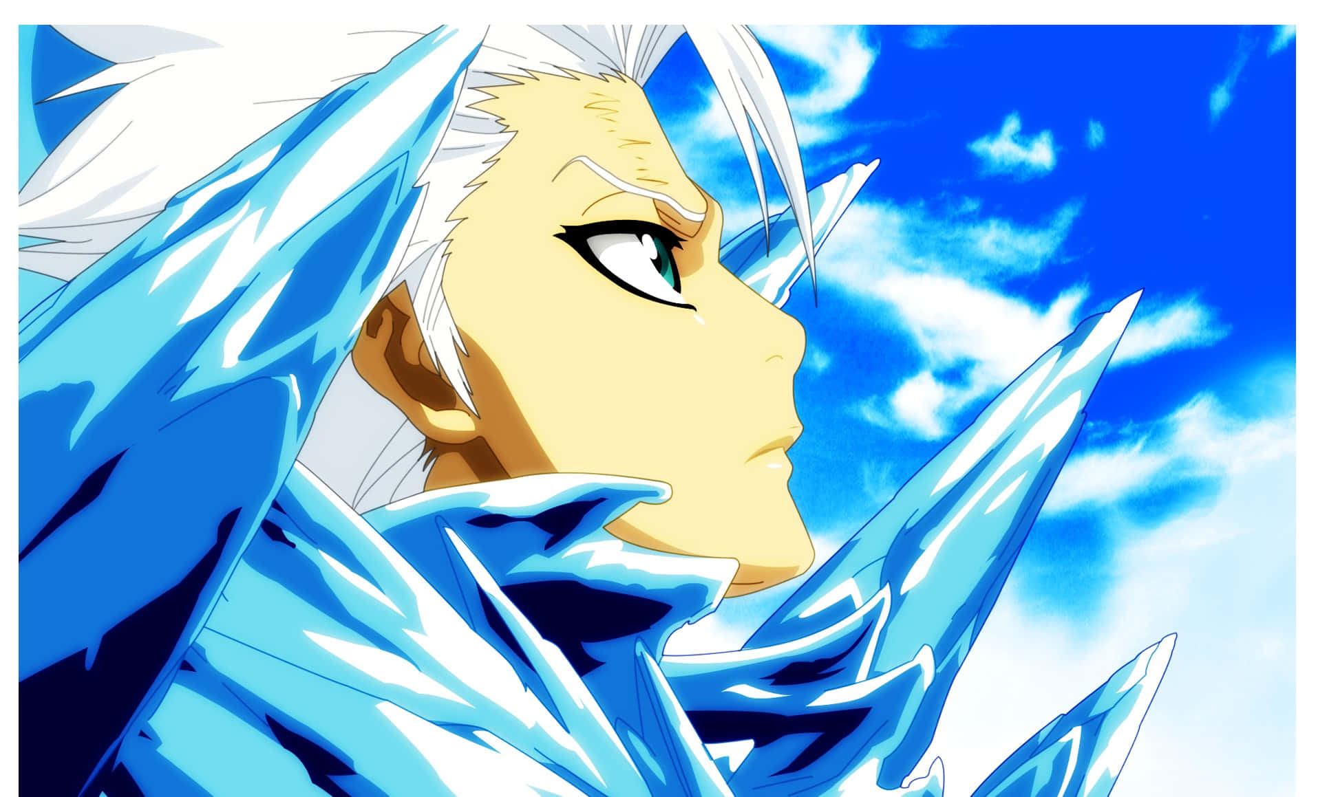 Toshiro Hitsugaya 桌布 壁紙 — 一個堅定的動漫角色，白髮和冰藍色盔甲，抬頭仰望藍天白雲。
