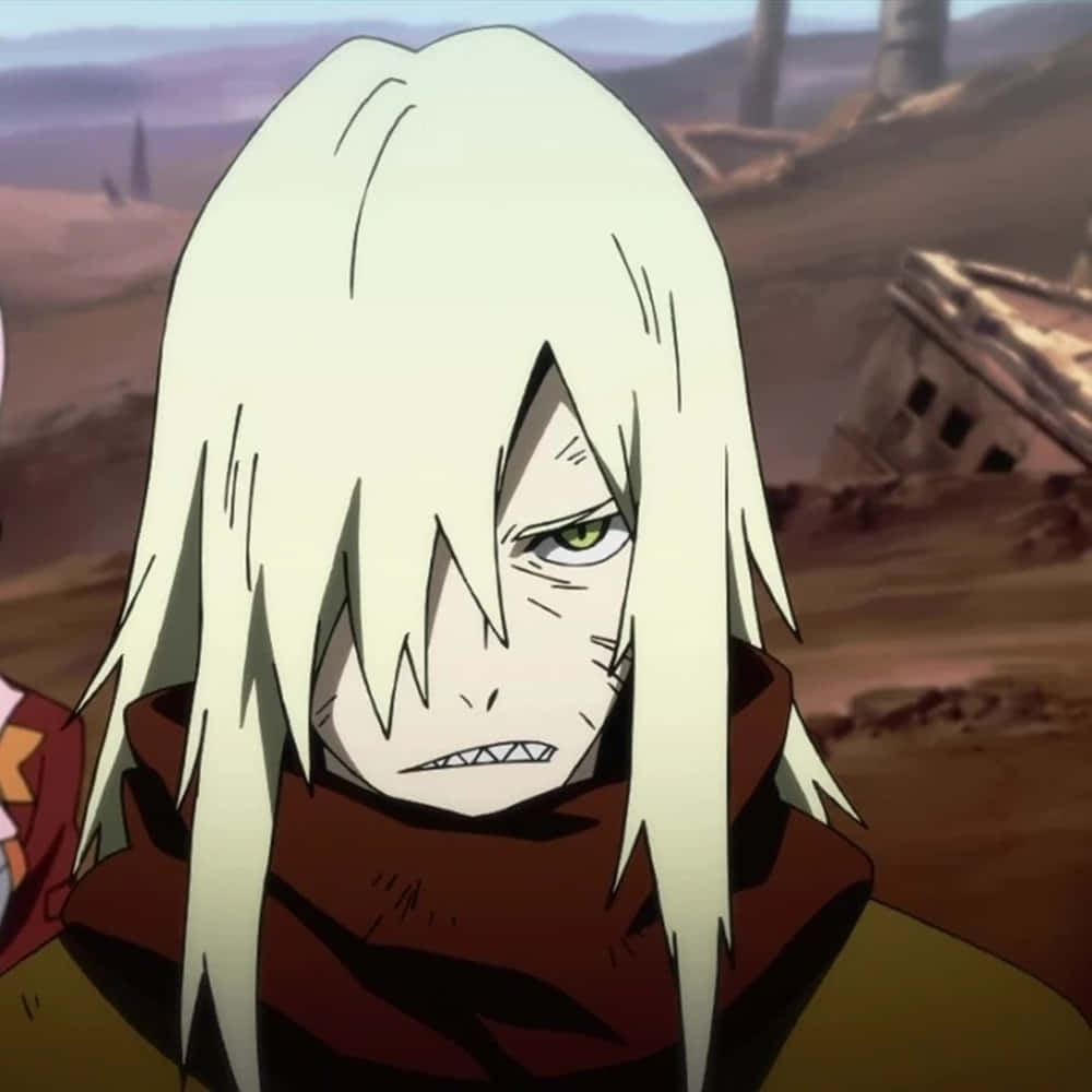 Gurren Lagann Viral 桌布 壁紙 — 一個堅定的動漫角色，白髮綠眼，在廢墟沙漠建築的背景中兇狠地凝視。