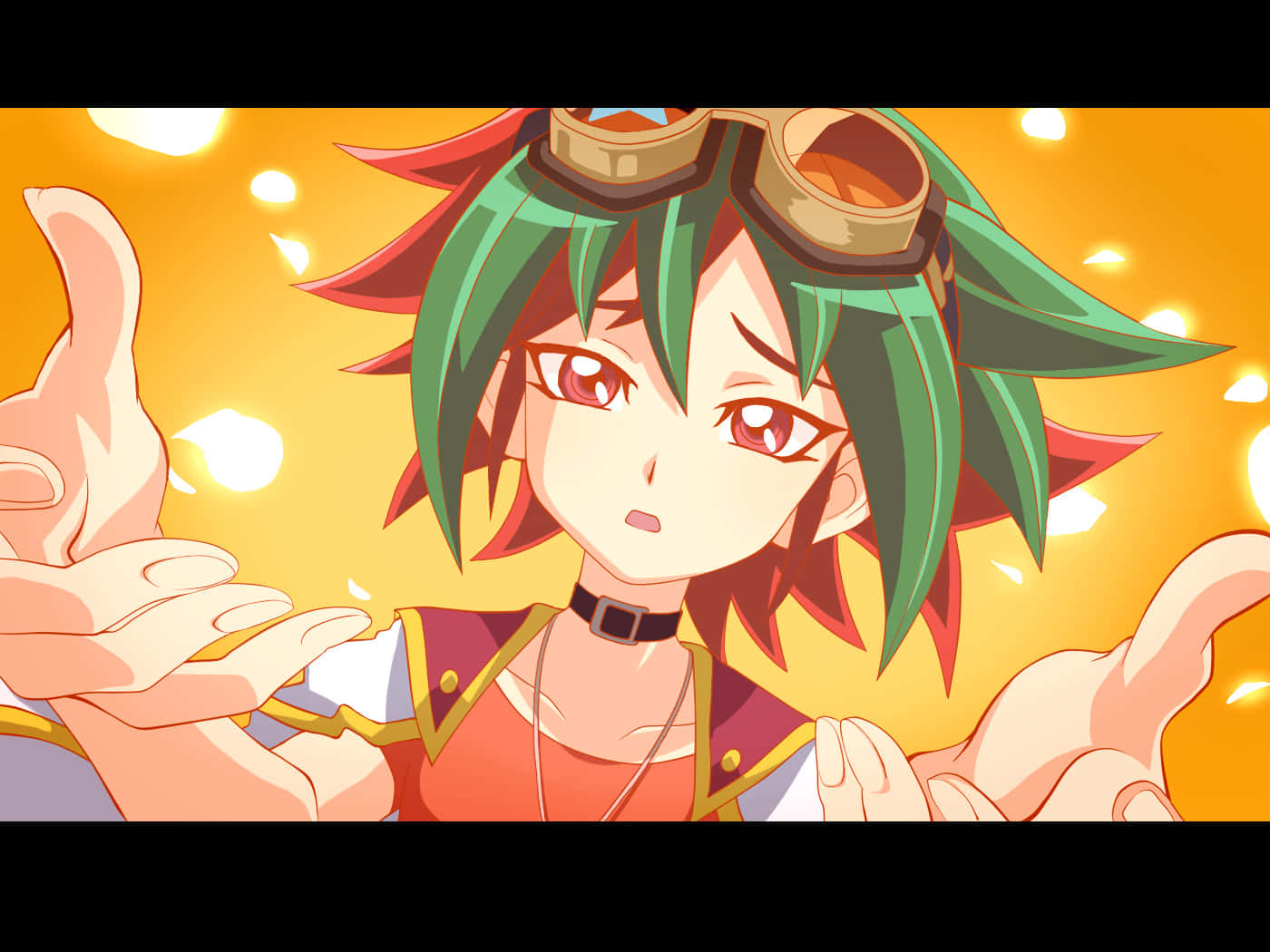 Yuya Sakaki 桌布 壁紙 — 一個堅定的動漫角色，綠色頭髮和護目鏡，在發光的金色背景前向前做手勢。