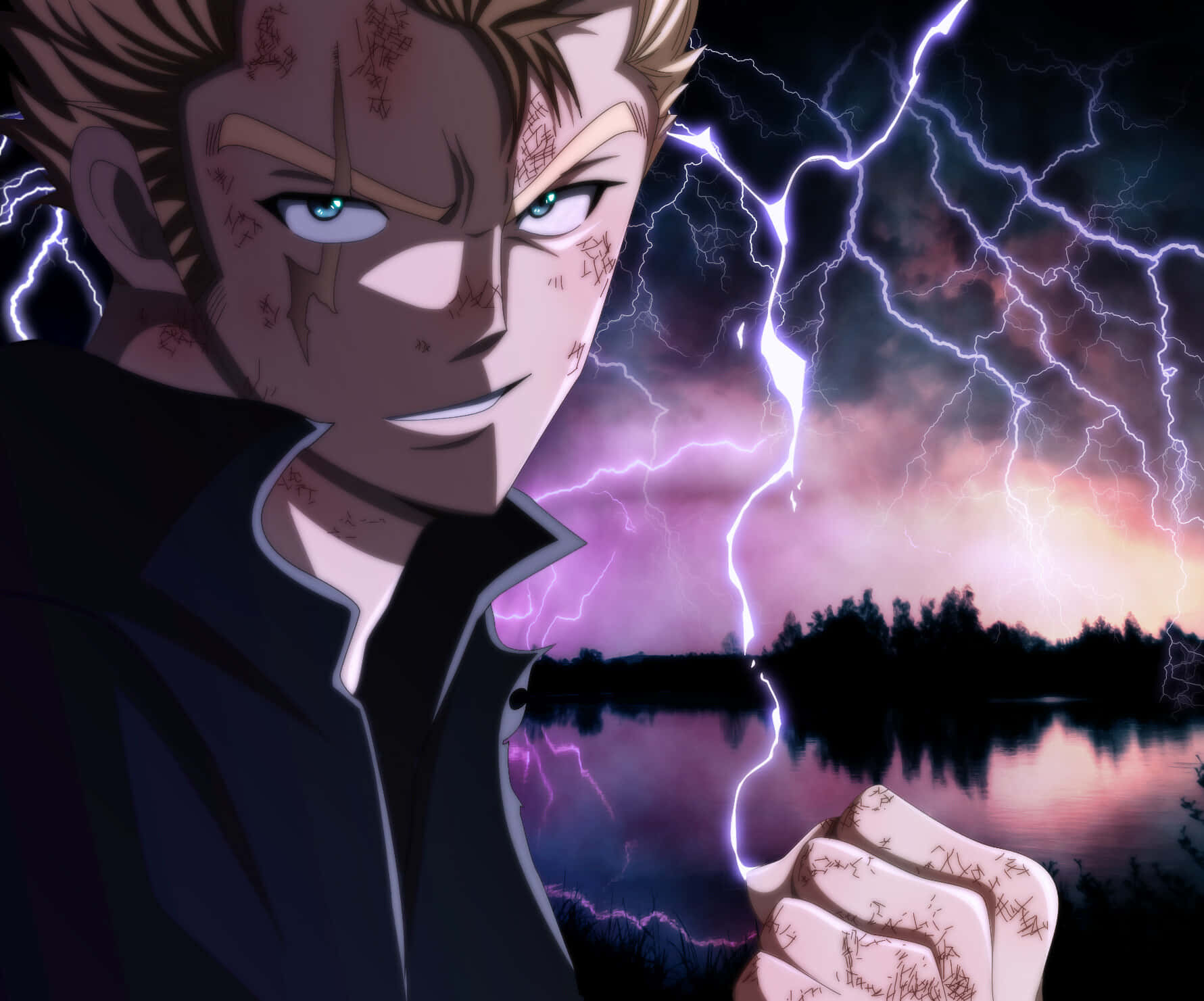 Laxus Dreyar 桌布 壁紙 — 一個堅定的動漫角色，身上有閃電紋身，站在暴風雨的湖前，紫色的閃電在他周圍噼啪作響。