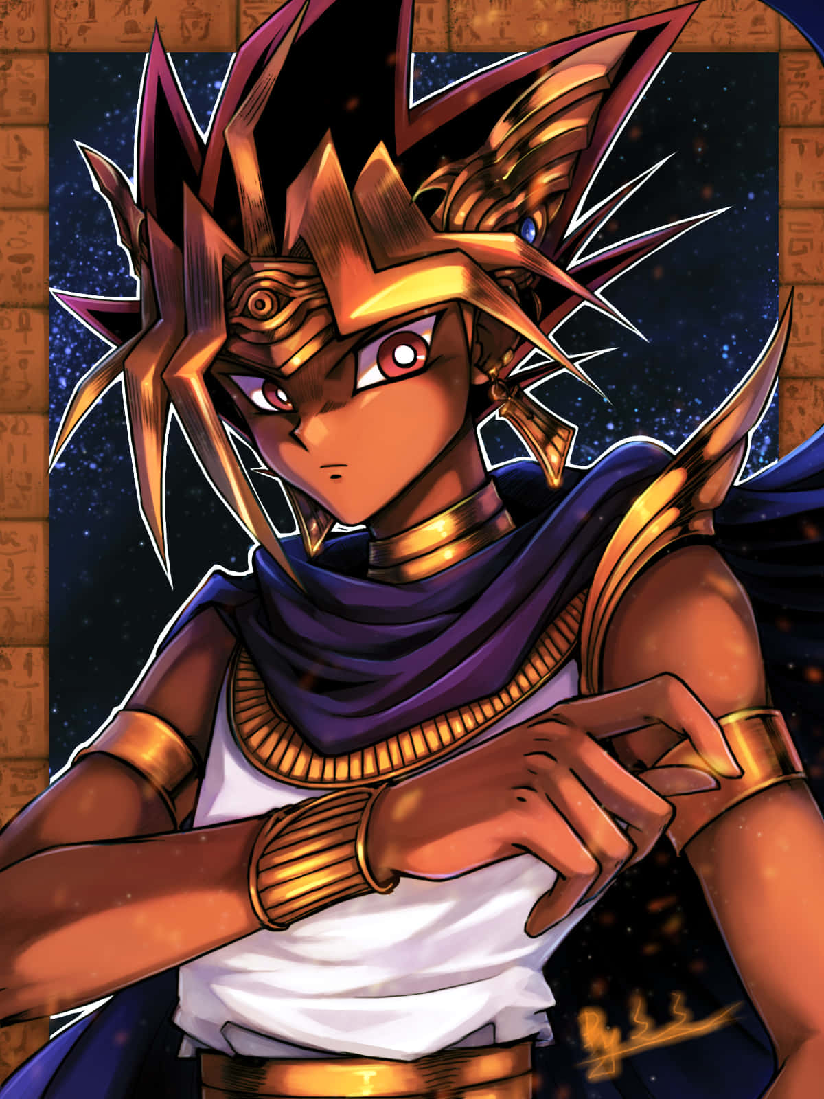 Pharaoh Atem 桌布 壁紙 — 一個堅定的動漫角色，金色尖刺頭髮和紅色眼睛，穿著古埃及盔甲，背景是繁星點點的夜空。