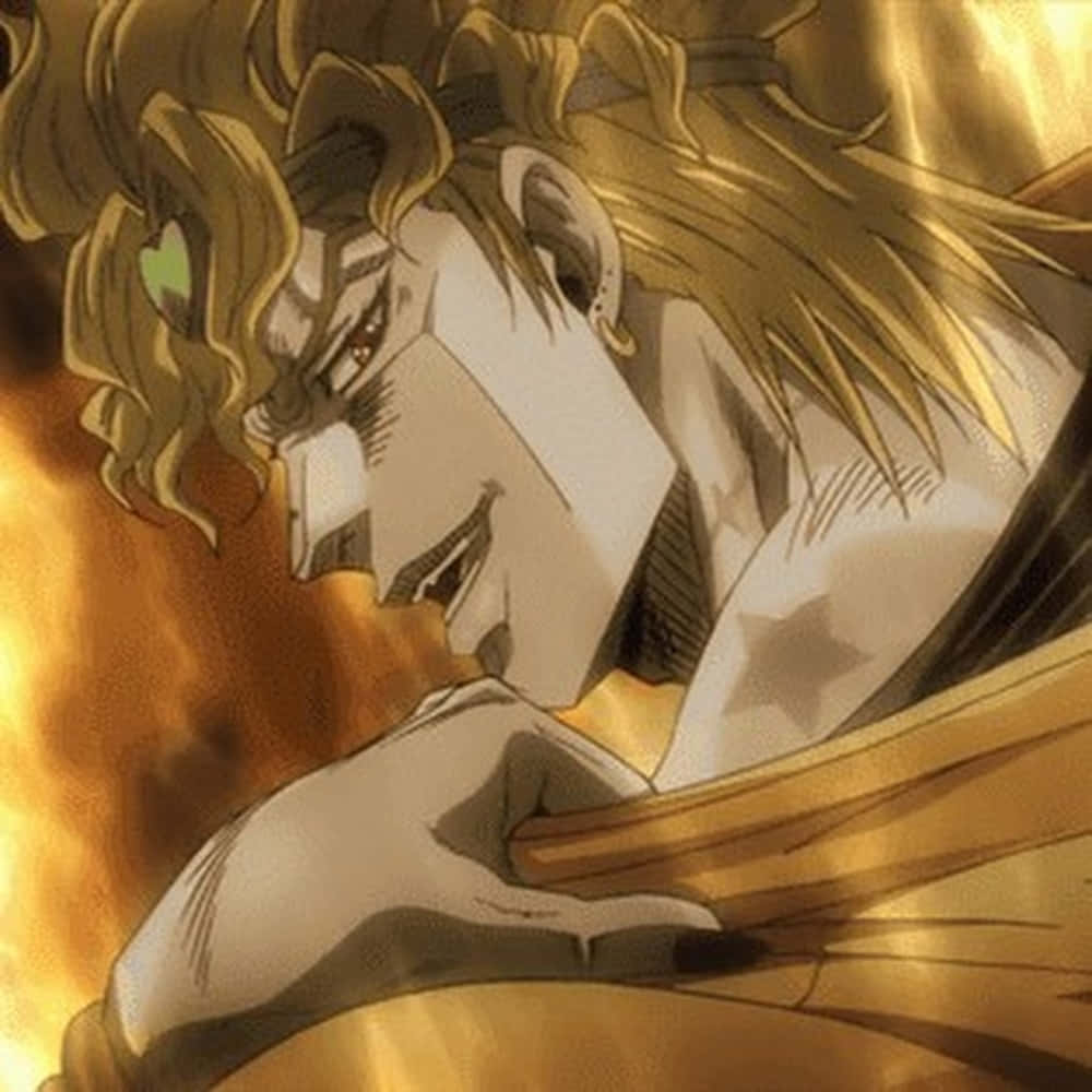 Dio The World 桌布 壁紙 — 一個堅定的動漫角色，金色頭髮和星星紋身，向前傾斜在火熱的橙色背景上。