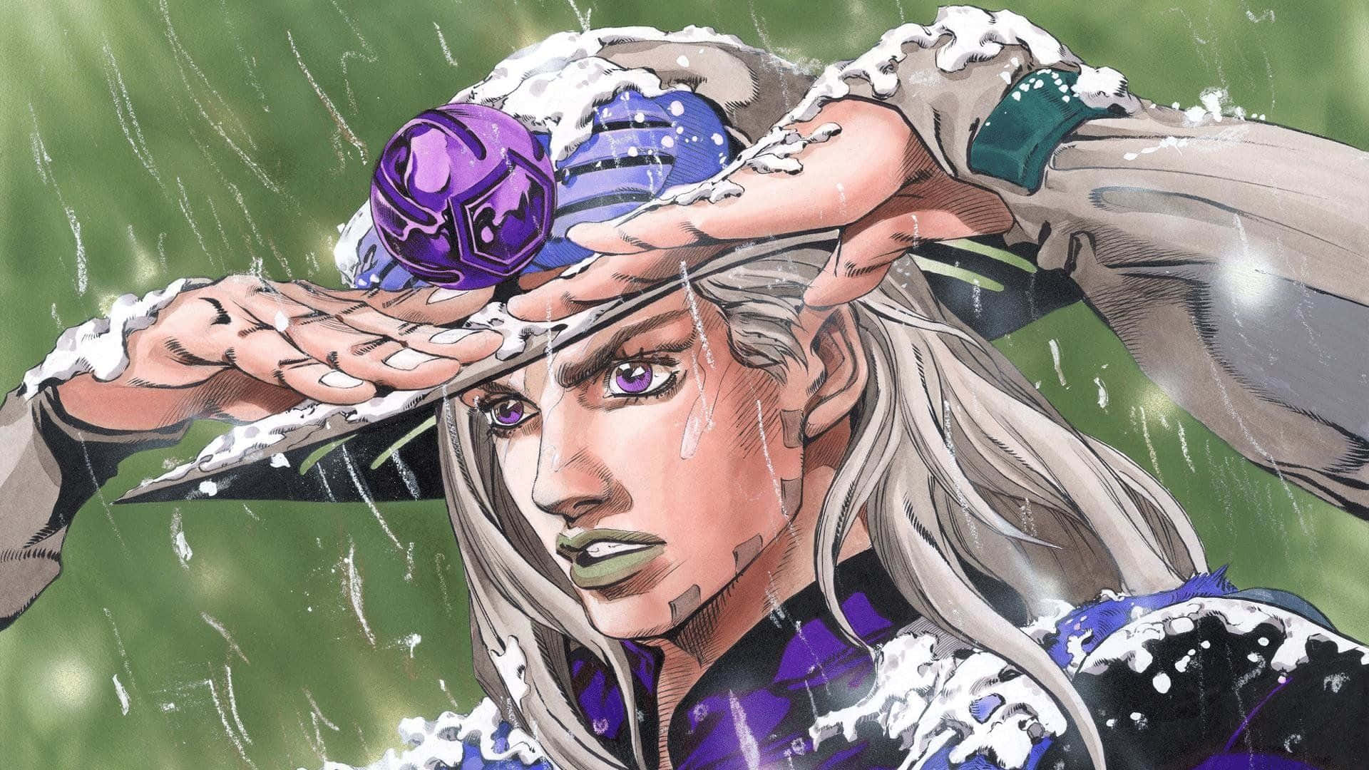 Jojo Steel Ball Run 桌布 壁紙 — 一個堅定的動漫角色，銀色頭髮和紫色眼睛，戴著飾有紫色球的帽子，用手遮擋著臉龐免受大雨侵襲。