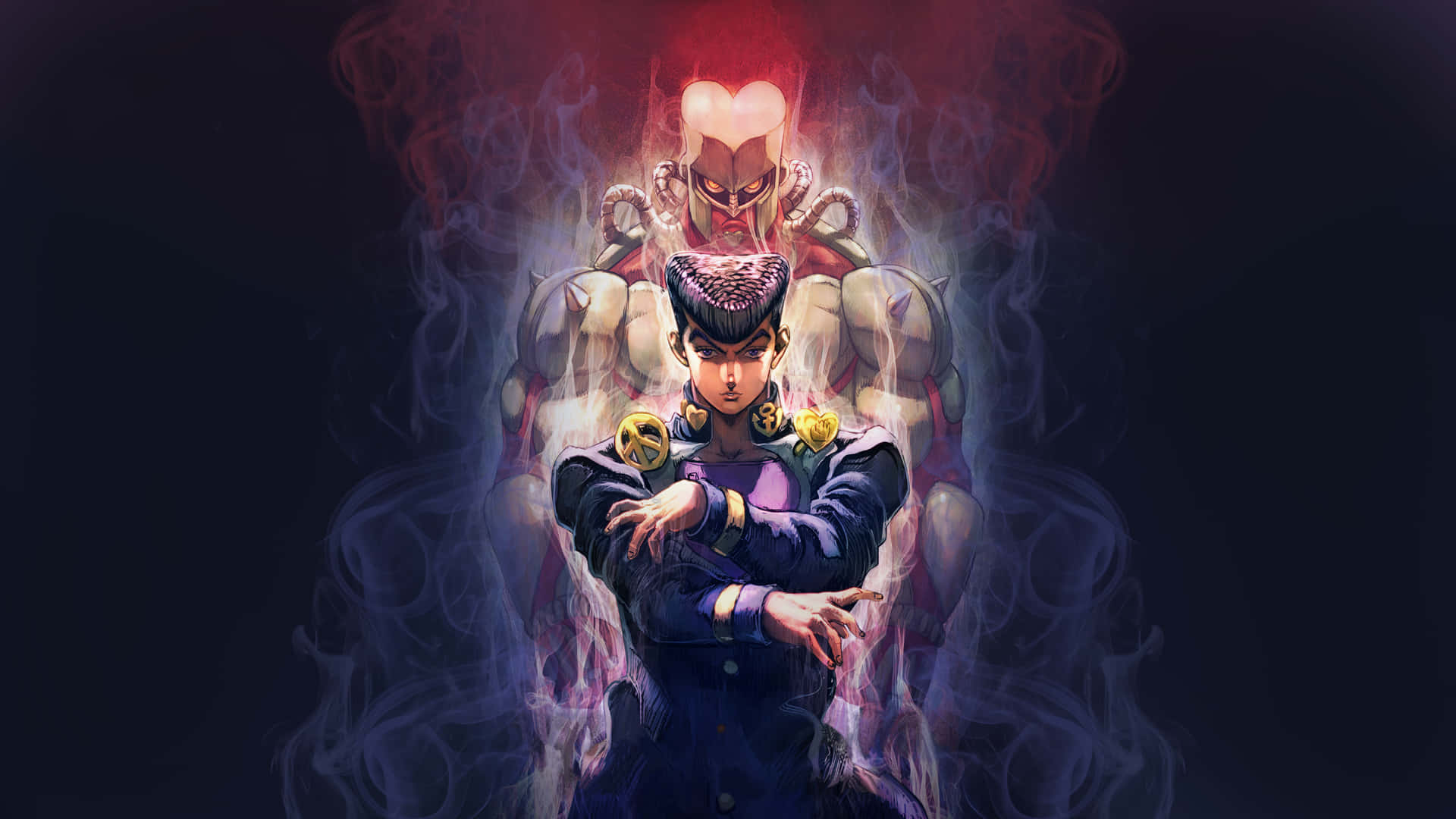 Jojo Stands 桌布 壁紙 — 一個堅定的動漫角色交叉雙臂站立，在黑暗背景中，一股威脅性的紅色光環和煙霧在他周圍旋轉。
