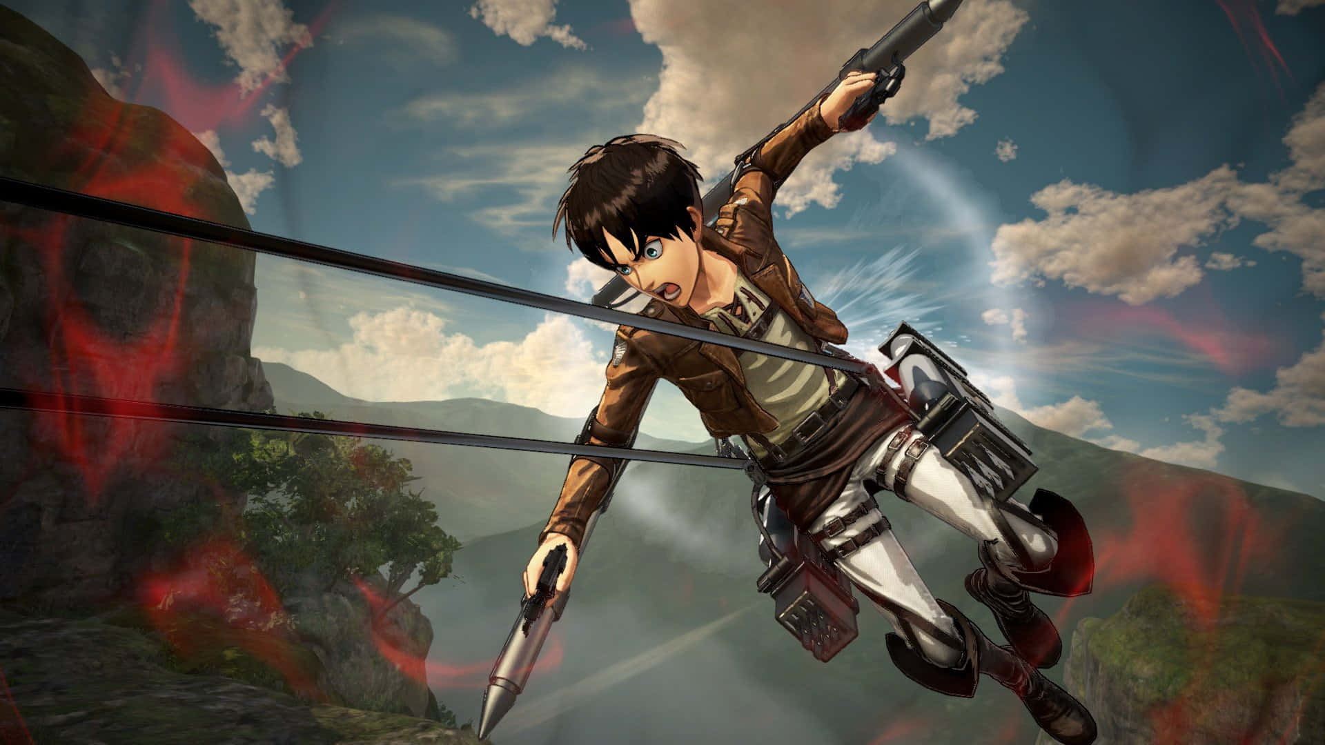 Aot 2 Final Battle 桌布 壁紙 — 一個堅定的動漫角色使用機動齒輪系統在雲層密佈的天空中翱翔，身後留下紅色能量軌跡。