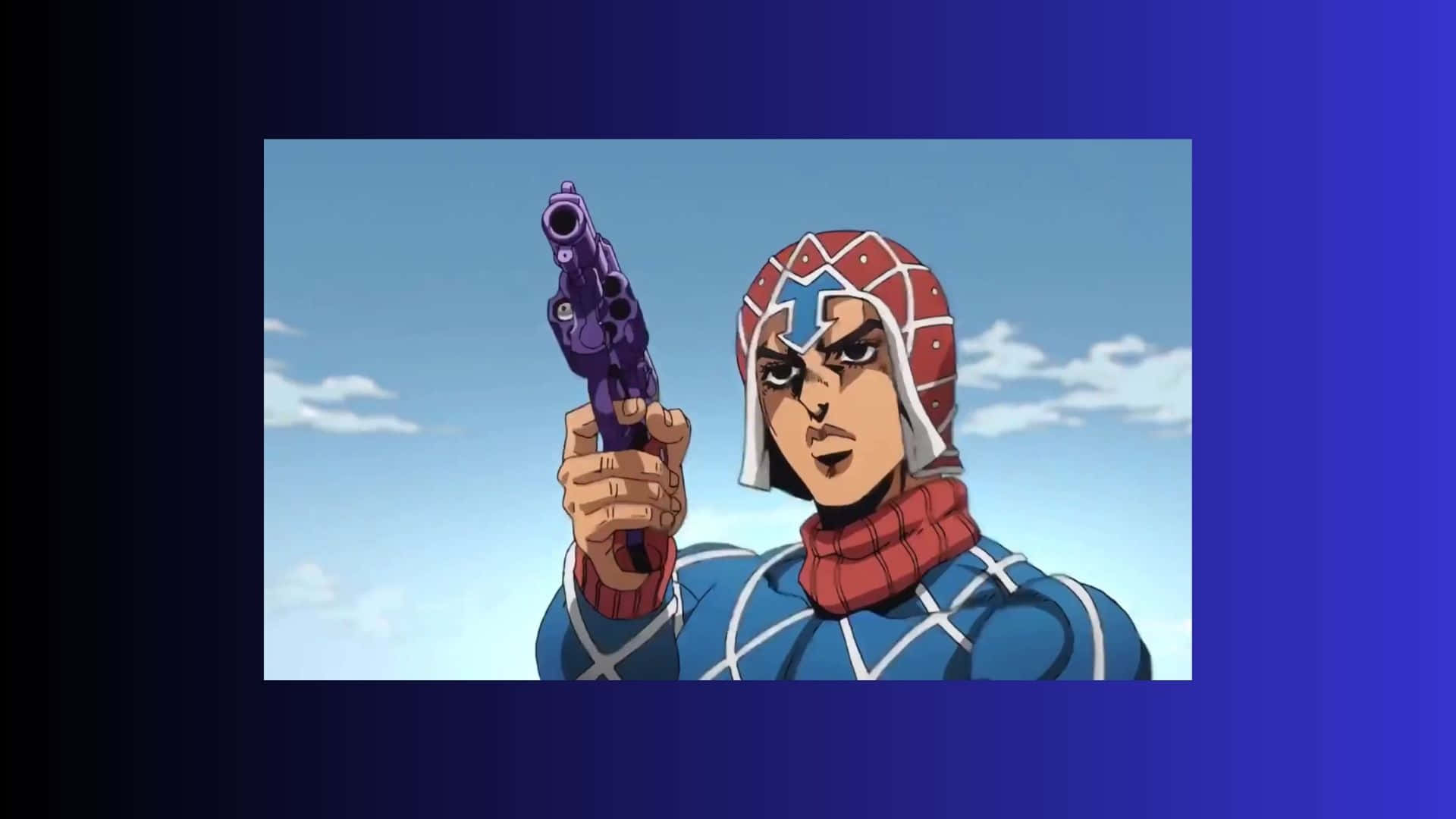 Guido Mista 桌布 壁紙 — 一個堅定的動漫角色穿著紅藍色服裝，在晴朗的天空下握著一把紫色左輪手槍。