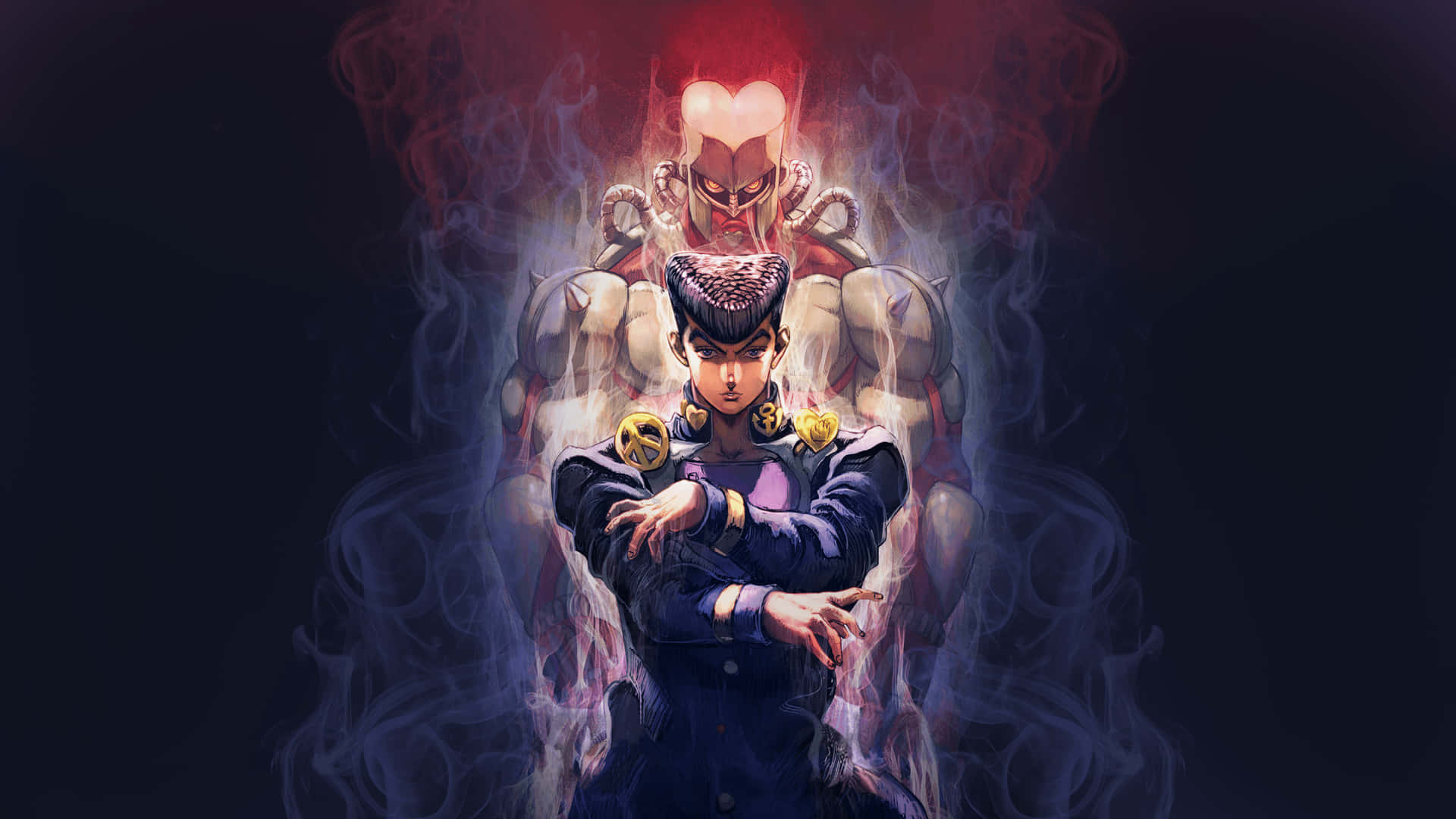 Josuke Higashikata 桌布 壁紙 — 一個堅定的動漫角色站在一個發光的紅色裝甲人物面前，周圍環繞著旋轉的煙霧，背景是黑暗的。
