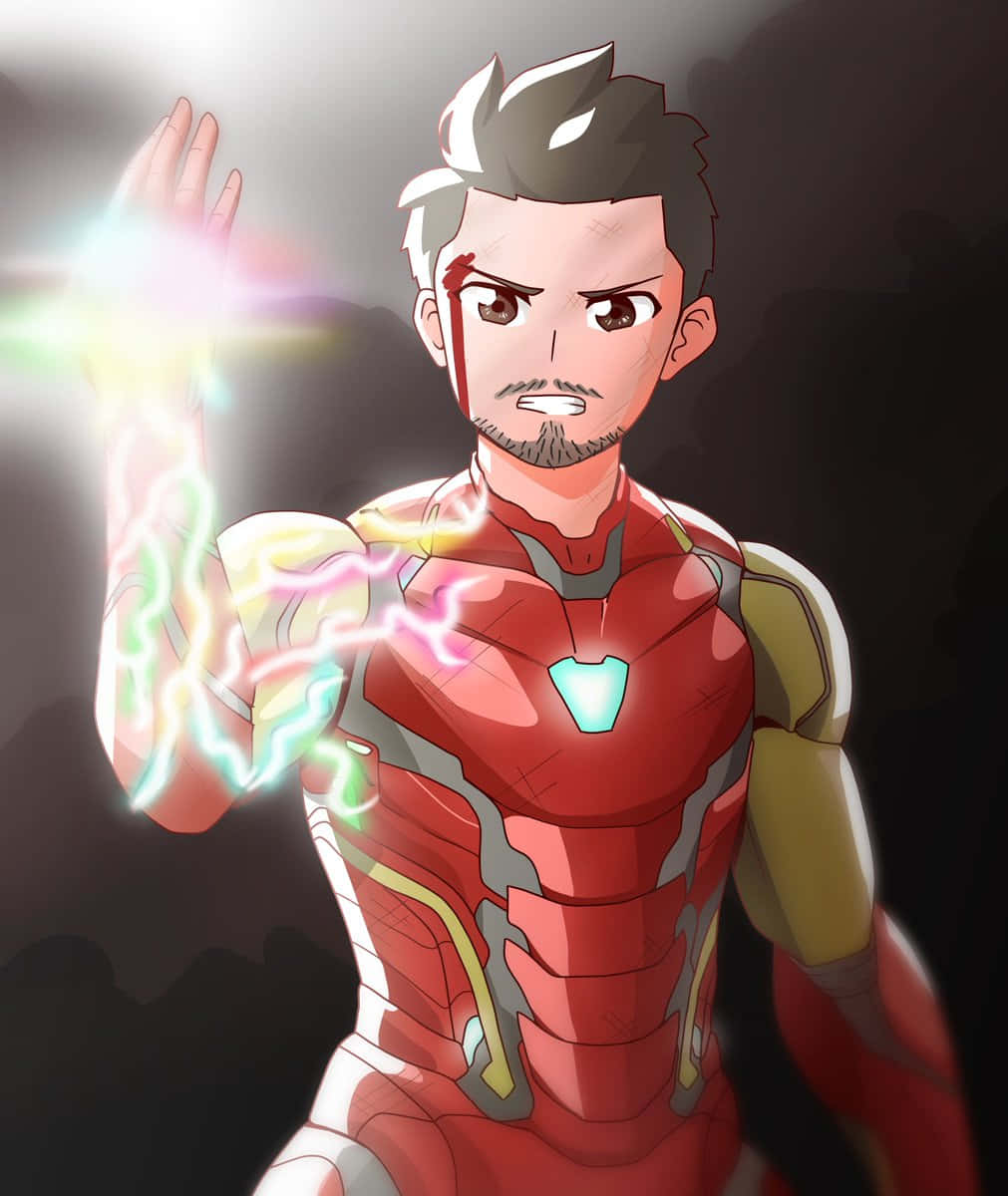 Iron Man Fan Art 桌布 壁紙 — 一個堅定的動漫風格鐵甲奇俠在黑暗背景下從手掌中引導出充滿活力的能量。