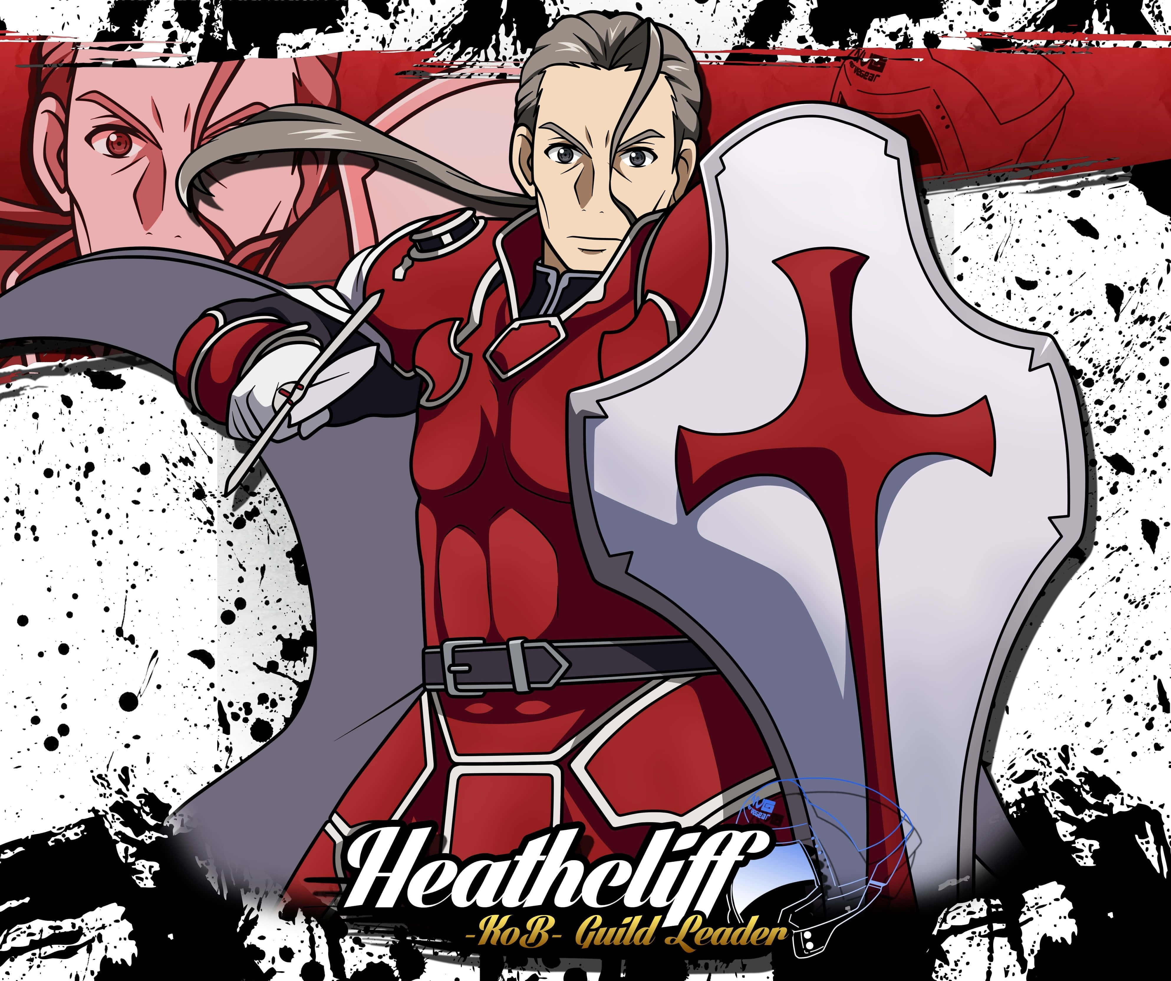 Sword Art Online Heathcliff 桌布 壁紙 — 一個堅定的動漫騎士，身穿紅色盔甲，揮舞著帶有紅色十字的劍和盾牌，背景是黑白潑濺效果。