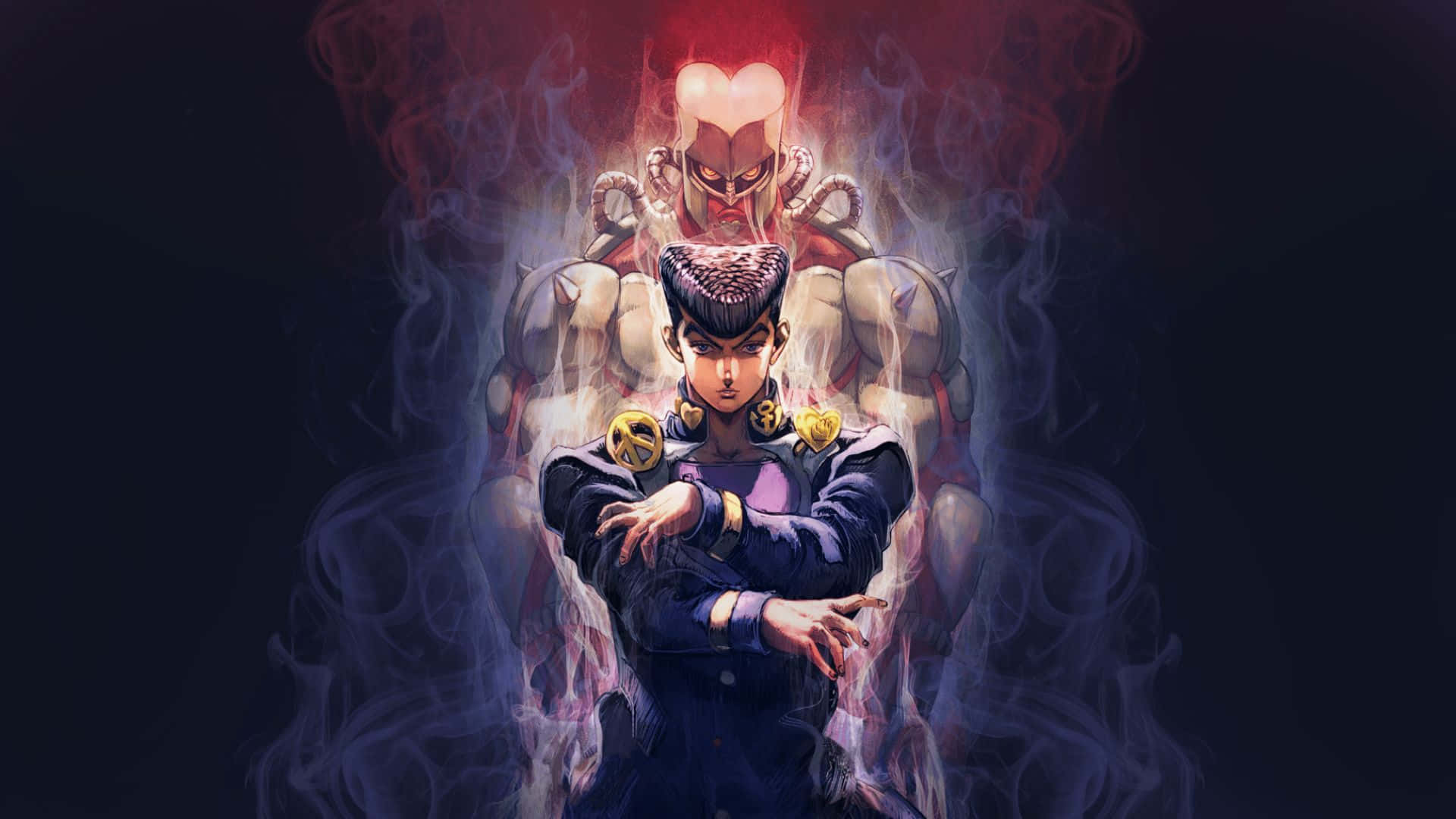 Kira Yoshikage 桌布 壁紙 — 一個堅定的動畫主角站在一個高聳、兇惡的靈魂面前，靈魂被旋轉的紅色和藍色煙霧包圍，背景黑暗。