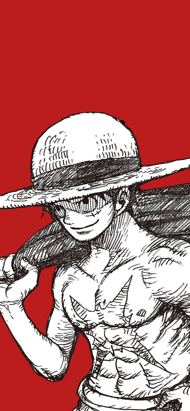 Luffy Black 桌布 壁紙 — 一個堅定的動畫海盜，戴著草帽，手臂纏著繃帶，站在大膽的紅色背景前。