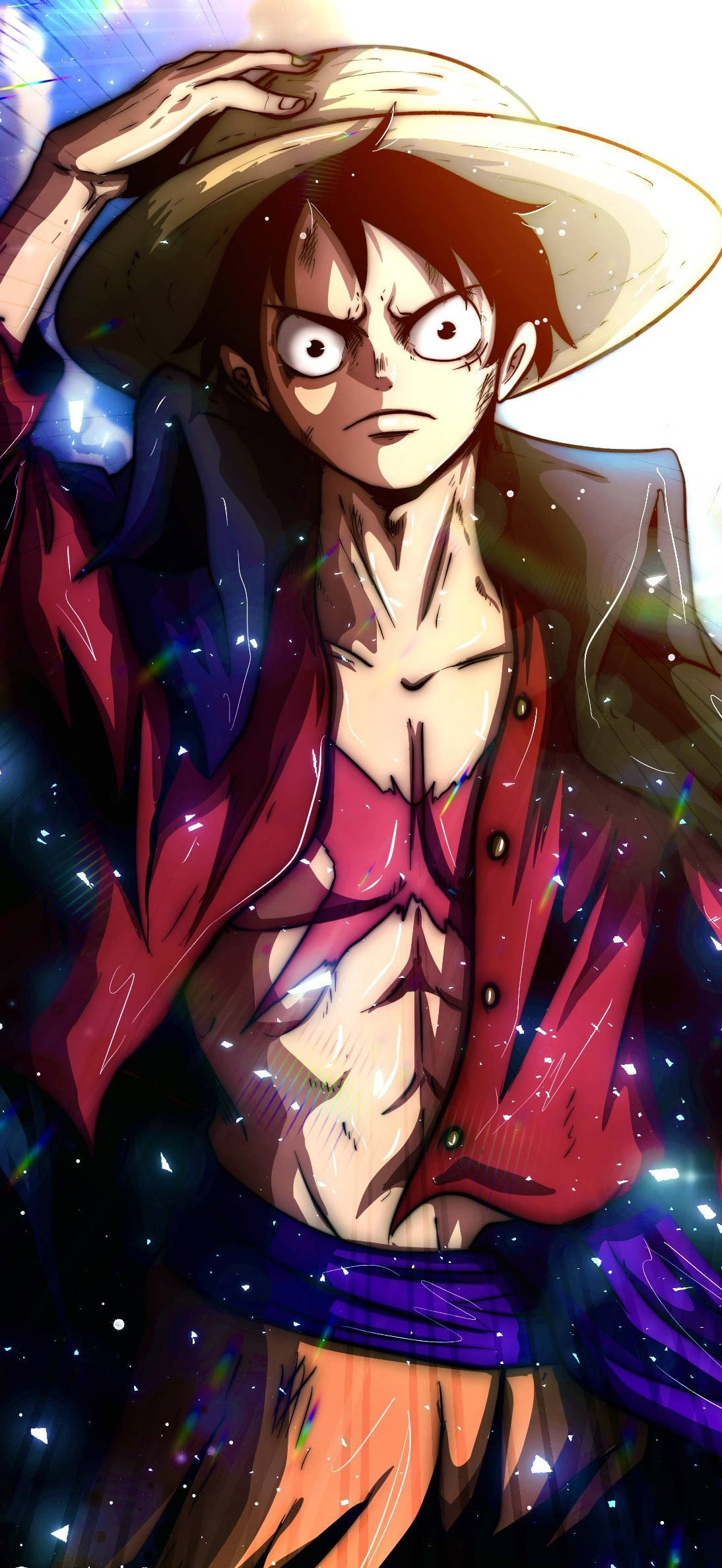 Luffy 桌布 壁紙 — 一個堅定的動畫海盜，戴著草帽和紅色背心，站在閃爍的宇宙背景前。
