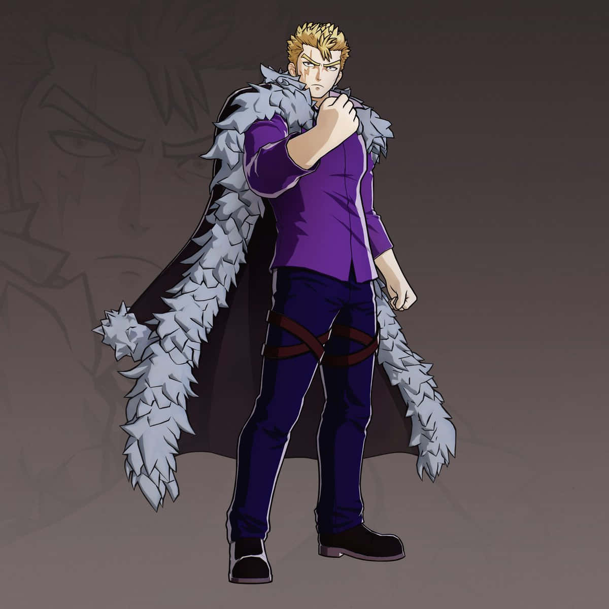 Laxus Dreyar 桌布 壁紙 — 一個堅定的動畫男人，有著尖刺金髮，穿著紫色服裝和白色羽毛披風，背景為深色。