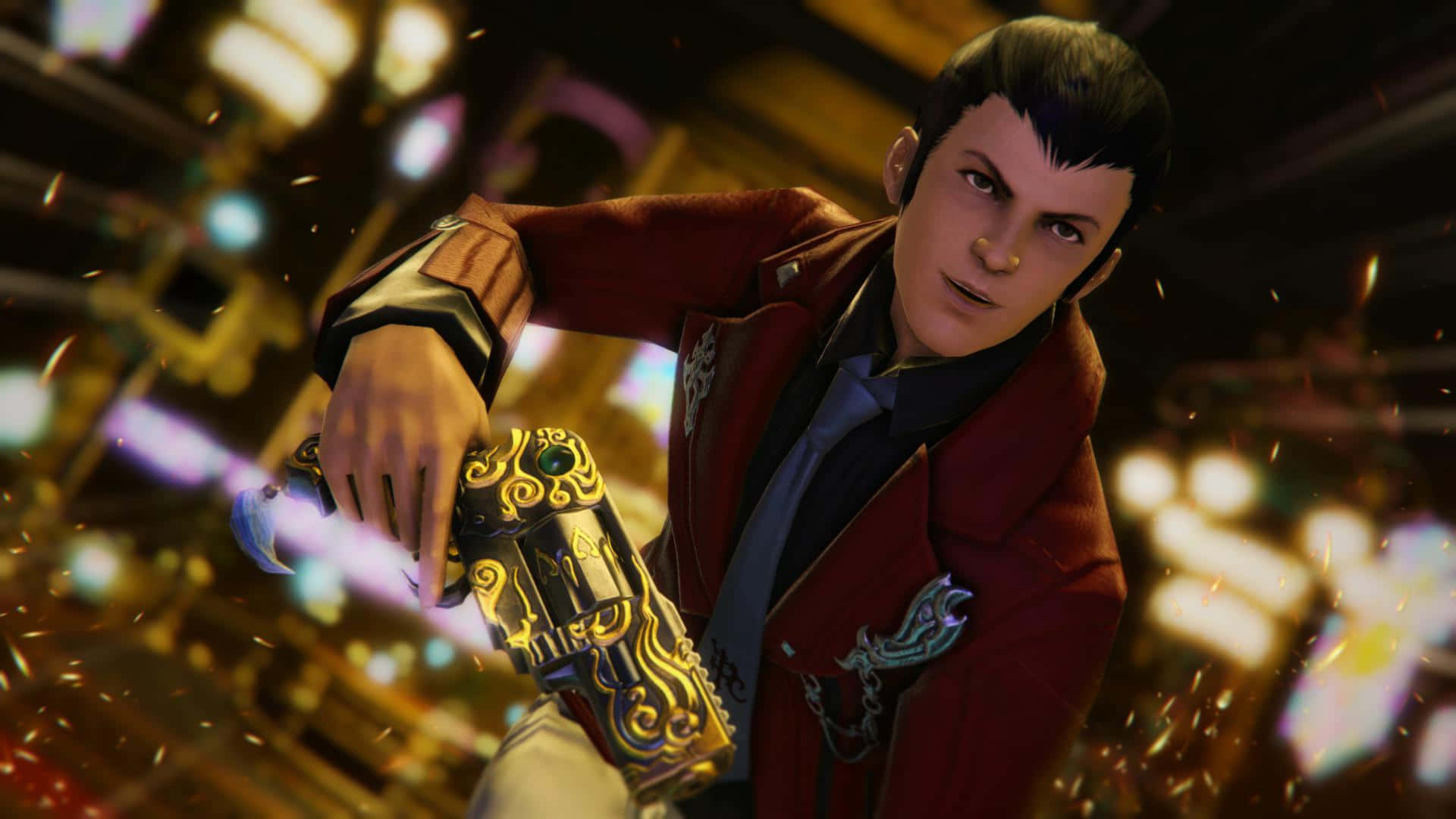 lupin iii 桌布 壁紙 — 一個堅定的動畫男子穿著紅色外套，在閃爍的金色碎片中揮舞著發光的華麗槍支，場景充滿活力。