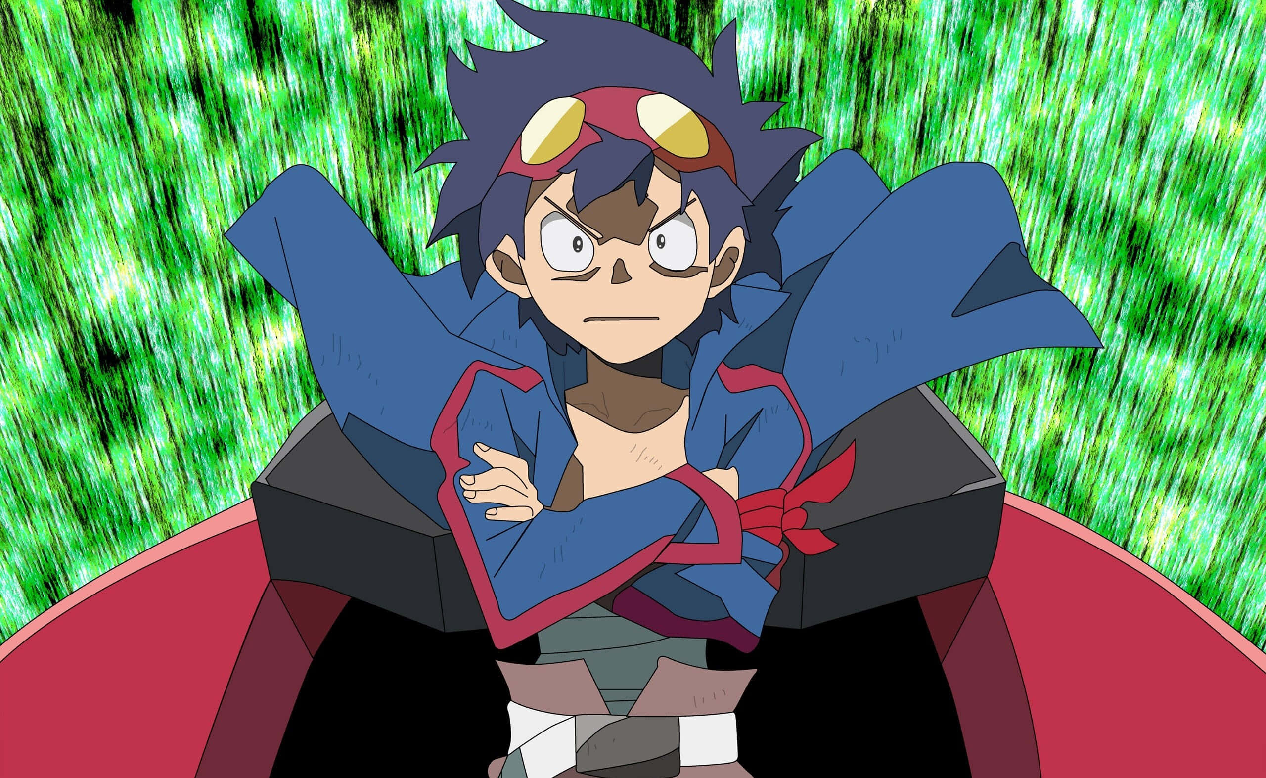 Gurren Lagann Simon 桌布 壁紙 — 一個堅定的動畫男孩，有著刺刺的黑髮和護目鏡，雙臂交叉站在充滿活力的綠色能量背景前。