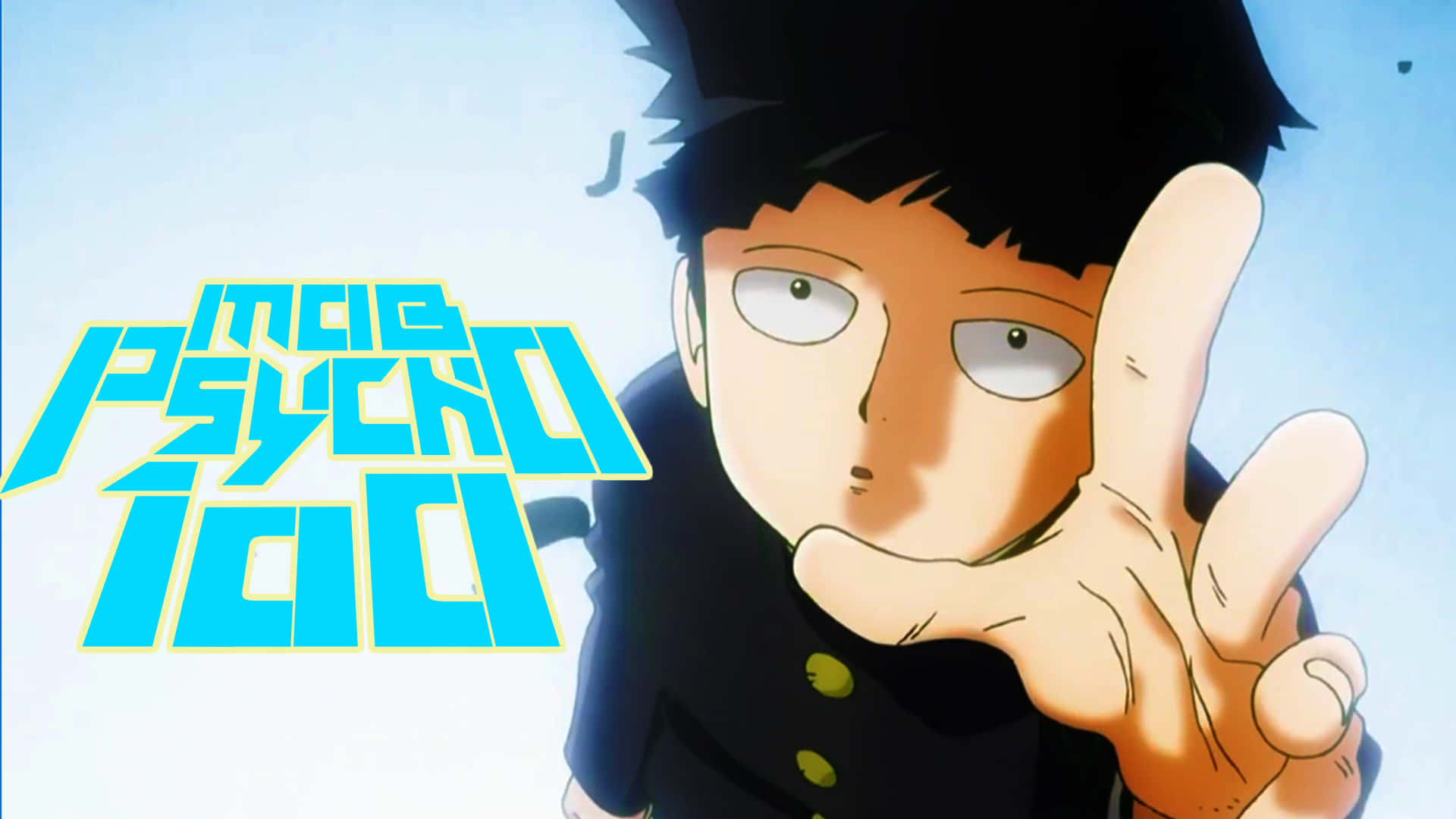 Mob Psycho 桌布 壁紙 — 一個堅定的動畫男孩，有著刺刺的黑髮，在明亮的藍天下做出和平手勢，並有粗體的「PSYCHO-PASS」文字。