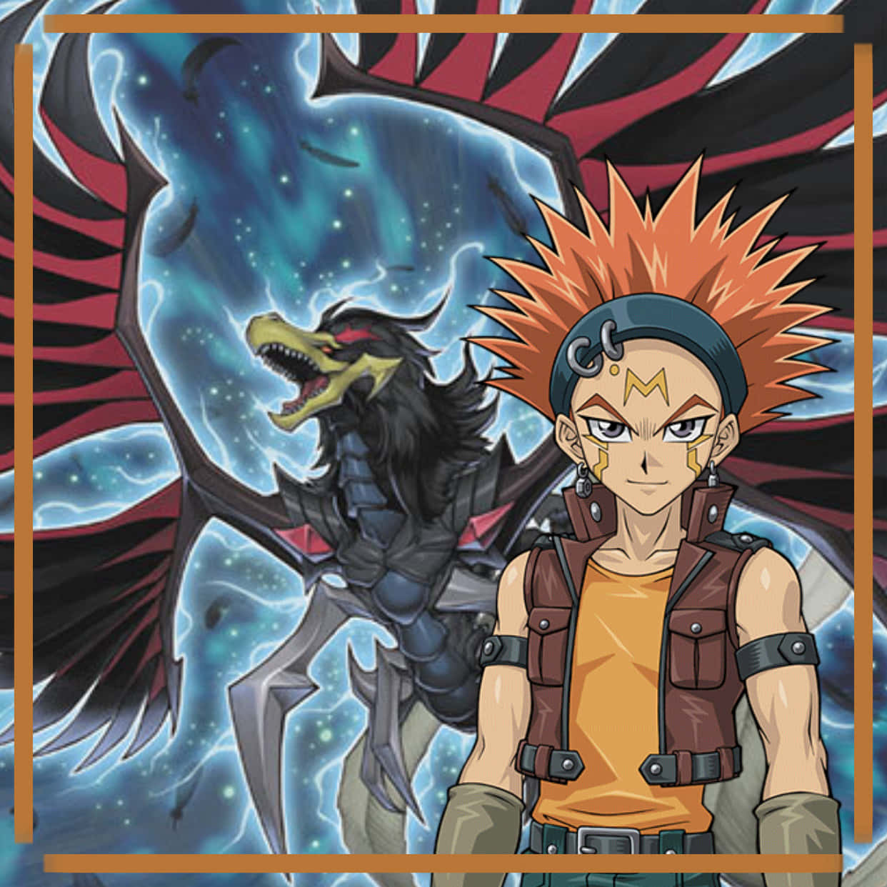 Crow Hogan 桌布 壁紙 — 一個堅定的動畫男孩，有著尖刺的橙色頭髮，站在一隻咆哮的黑色龍前，龍有紅色翅膀，背景是宇宙藍色。