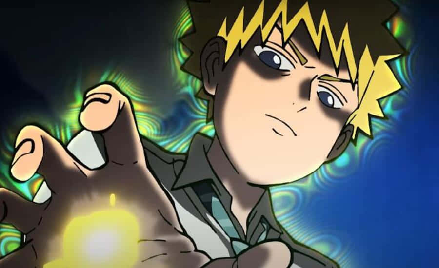 Teruki Hanazawa 桌布 壁紙 — 一個堅定的動畫男孩，有著尖刺的黃色頭髮，從手中引導發光的能量，背景是旋轉的藍色和綠色。
